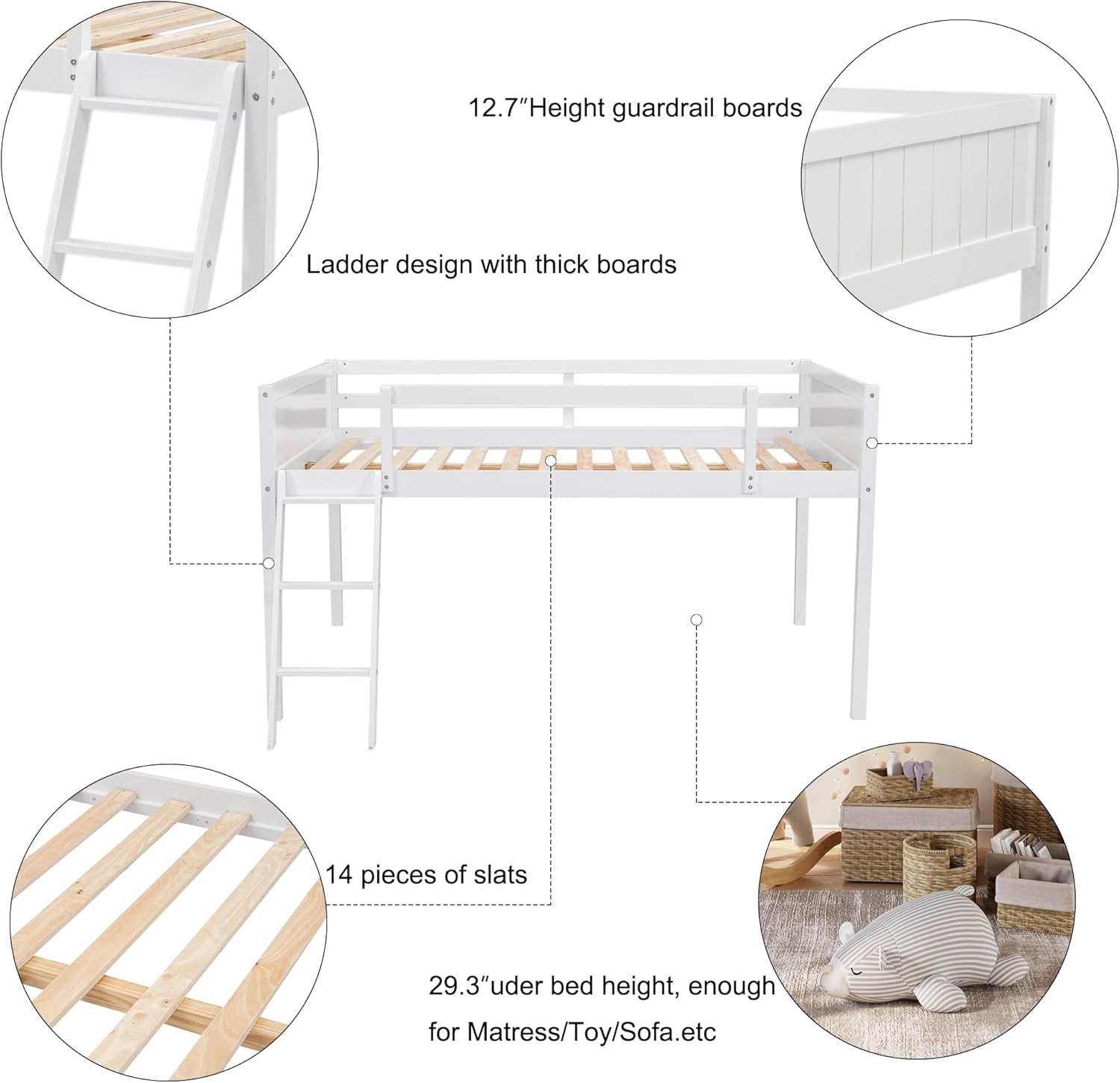 Merax Low Loft Bed: Wooden loftBed with Ladder, Low Loft with Full Guardrail,Ladder can be Placed on The Left or Right, Full Size,White