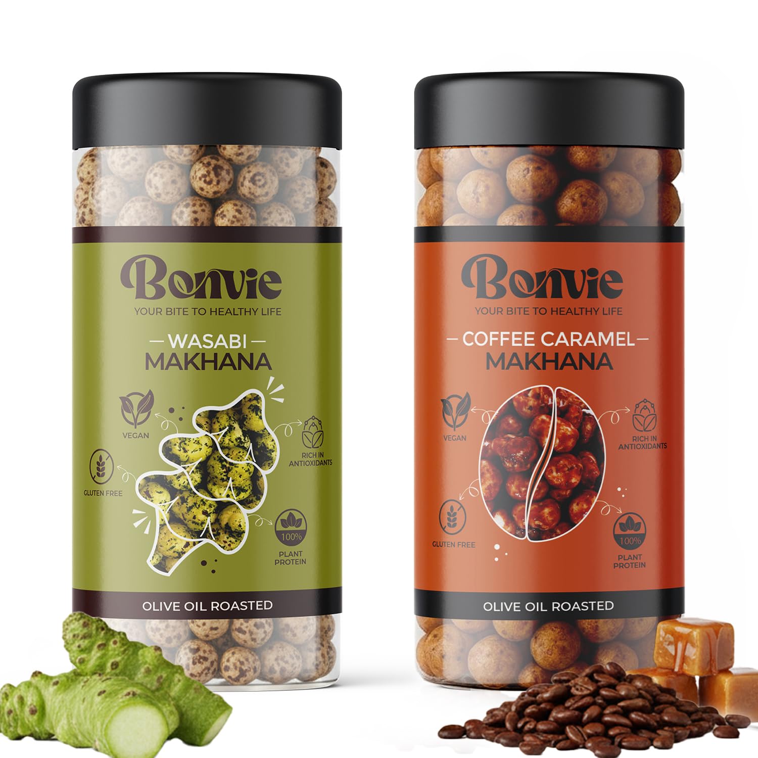 Bonvie Coffee Caramel & Wasabi Makhana Combo (Pack of 2) - 120g + 80g | Roasted Foxnuts in Olive Oil | Vegan, High Protein, Guilt-Free Healthy Snacks | Bold Coffee Caramel & Zesty Wasabi Flavors-image-43