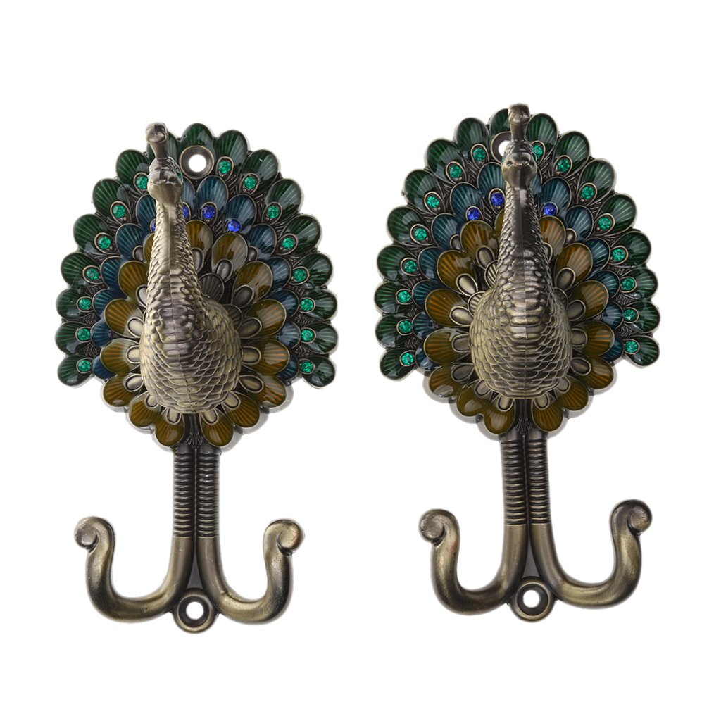 WOVEBIUS 1 Pair Peacock Double Metal Clothes Towel Bag Wall Hanger DIY Hook - Bronze