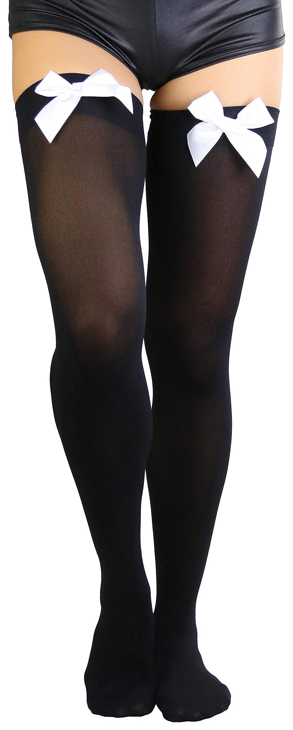 ToBeInStyle Women’s Opaque Long Thigh High Stockings w/Decorative Front Satin Bow