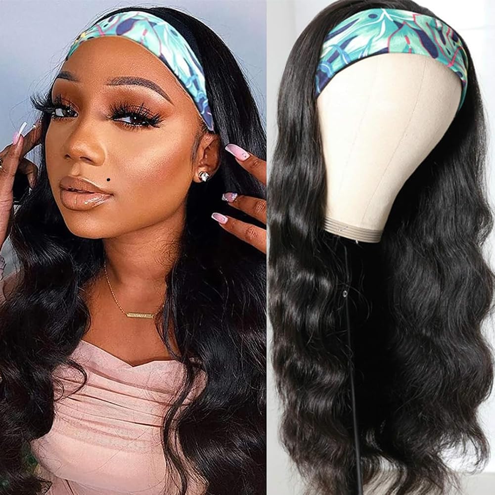 Headband Wig Human Hair Body Wave 20 Inch Half Wig Glueless Human Hair Wig for Women 150% Density Brizilian Virgin Hair Wear and Go Wigs Machine Made Natural Color
