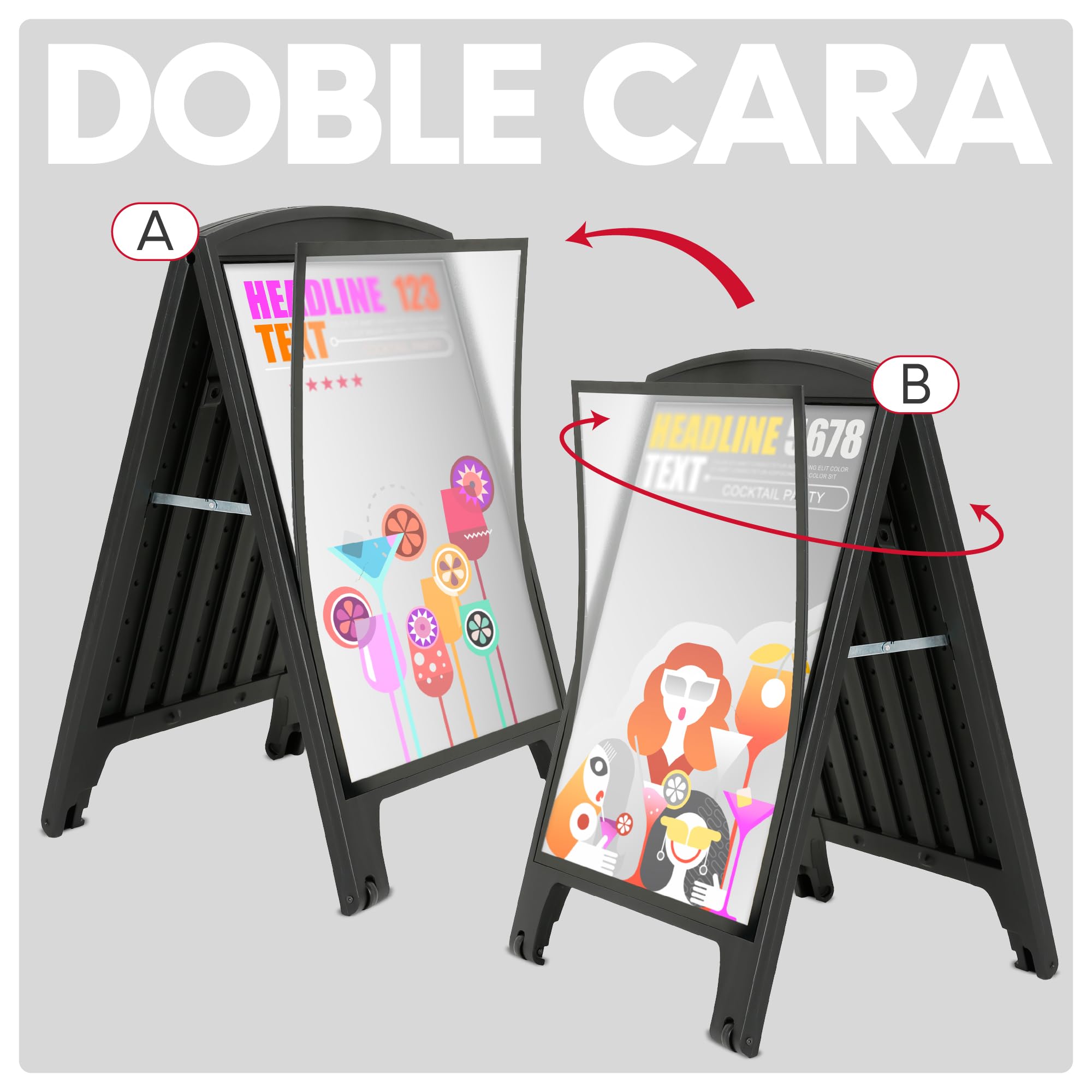 Caballete Publicitario de Acera | Expositor Plegable de Plástico con Asa y Cubierta Antirreflejos | Apto para Carteles en Hostelería y Comercios