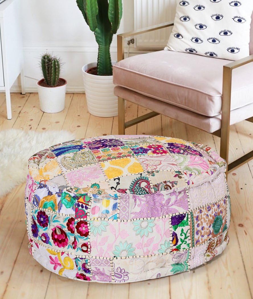 Craftura Filled White Bohemian Floor Ottoman - Hand-stitched Pouf - Patchwork Stool - Indian Handmade Embroidered Ottomans