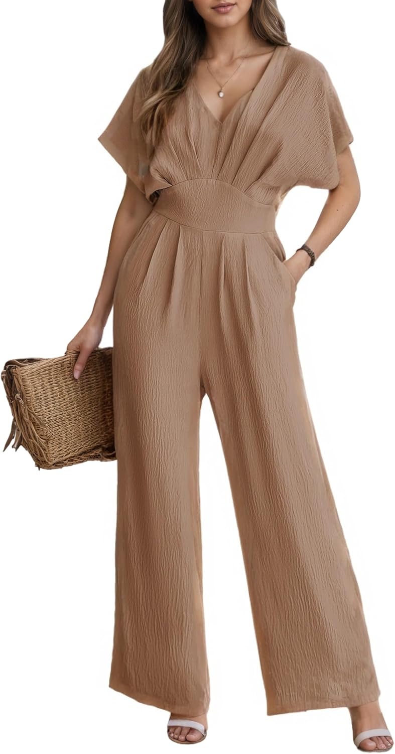 CUPSHE Womens Wide Leg Jumpsuits V-Neck Batwing Short Sleeve Summer Long Rompe Casual Outfit Pocket
