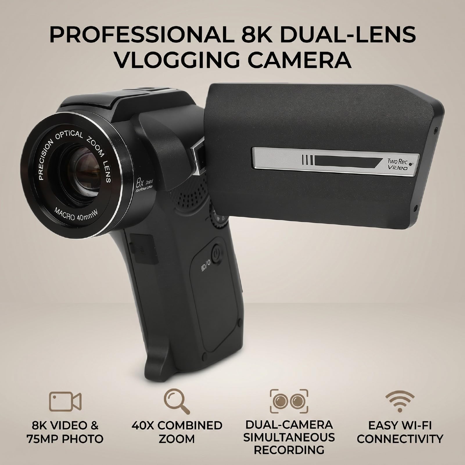 Videocamera 8K, Schermo Ruotabile a Doppio Obiettivo 75MP 8X Zoom Ottico Digitale 5X Videocamera per WiFi con Funzione Webcam, per Creatore di Contenuti Youtube