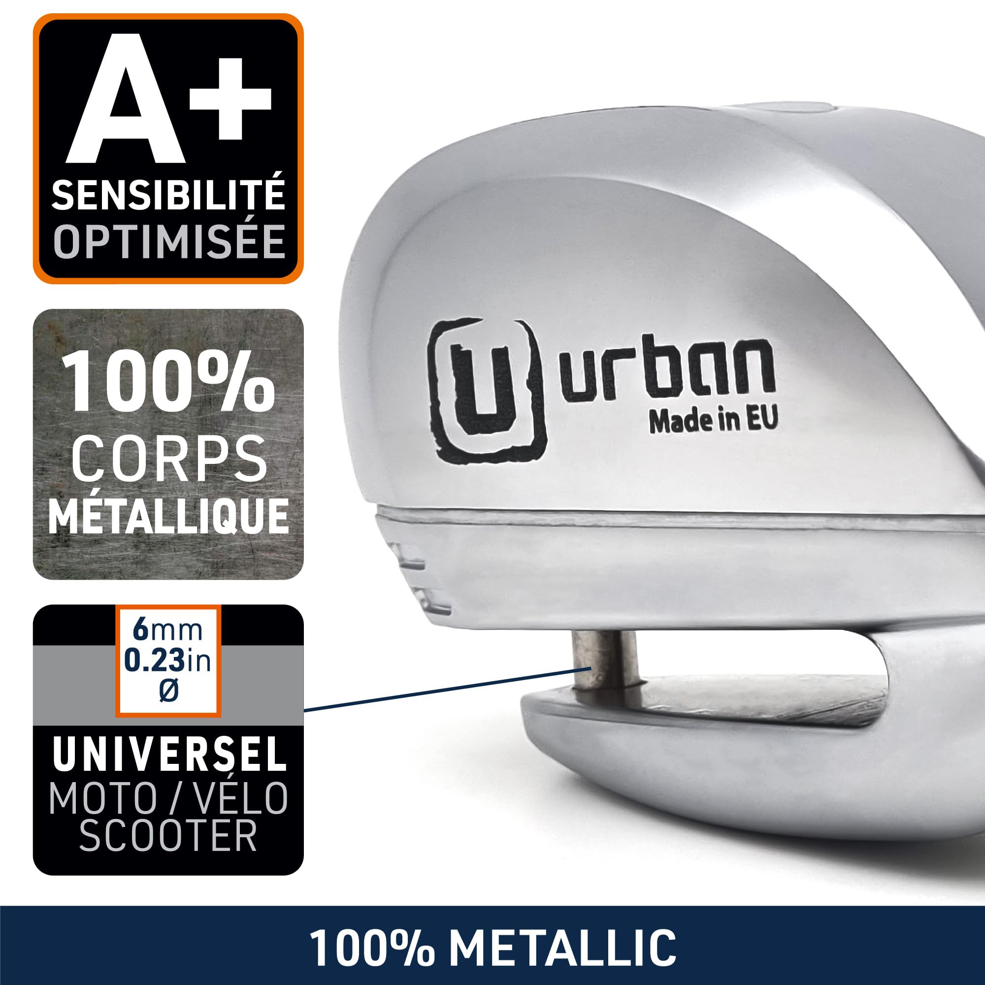 URBAN UR22 Antivol Bloque Disque avec Alarme + Avertissement 120dBA, 6 mm, fabriqué dans l'UE, Universel pour Vélo, Moto, Scooter, Acier INOX, métallique