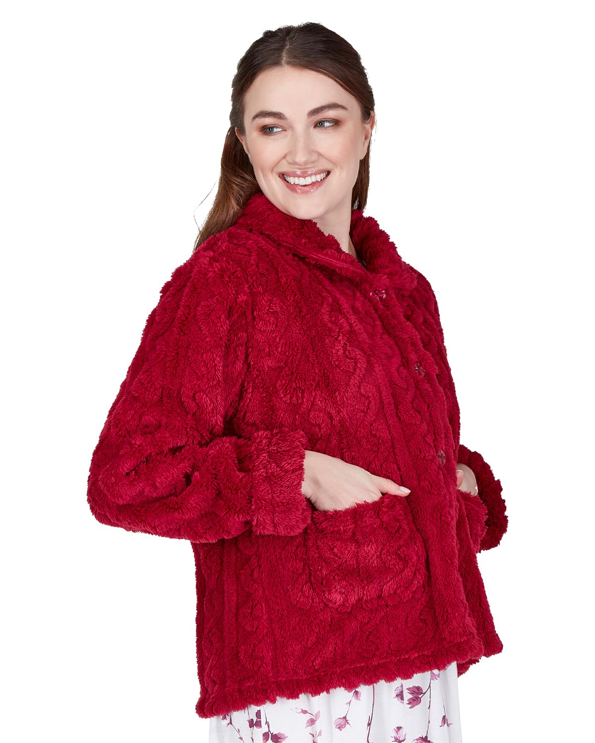Undercover Ladies 'Diamond Jacquard' Button Bed Jacket 67476 Burgundy XL-2XL