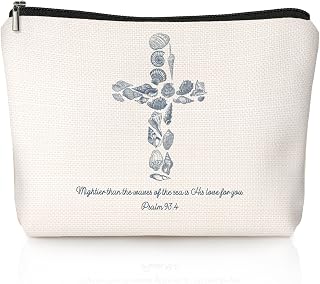 Christian Preppy Beach Makeup Bag, Blue Seashell Cross Girly Cosmetic Bags for Women, Christian Gifts for Women, Beach Themed Gifts, Preppy Aesthetic Zipper Makeup Pouch