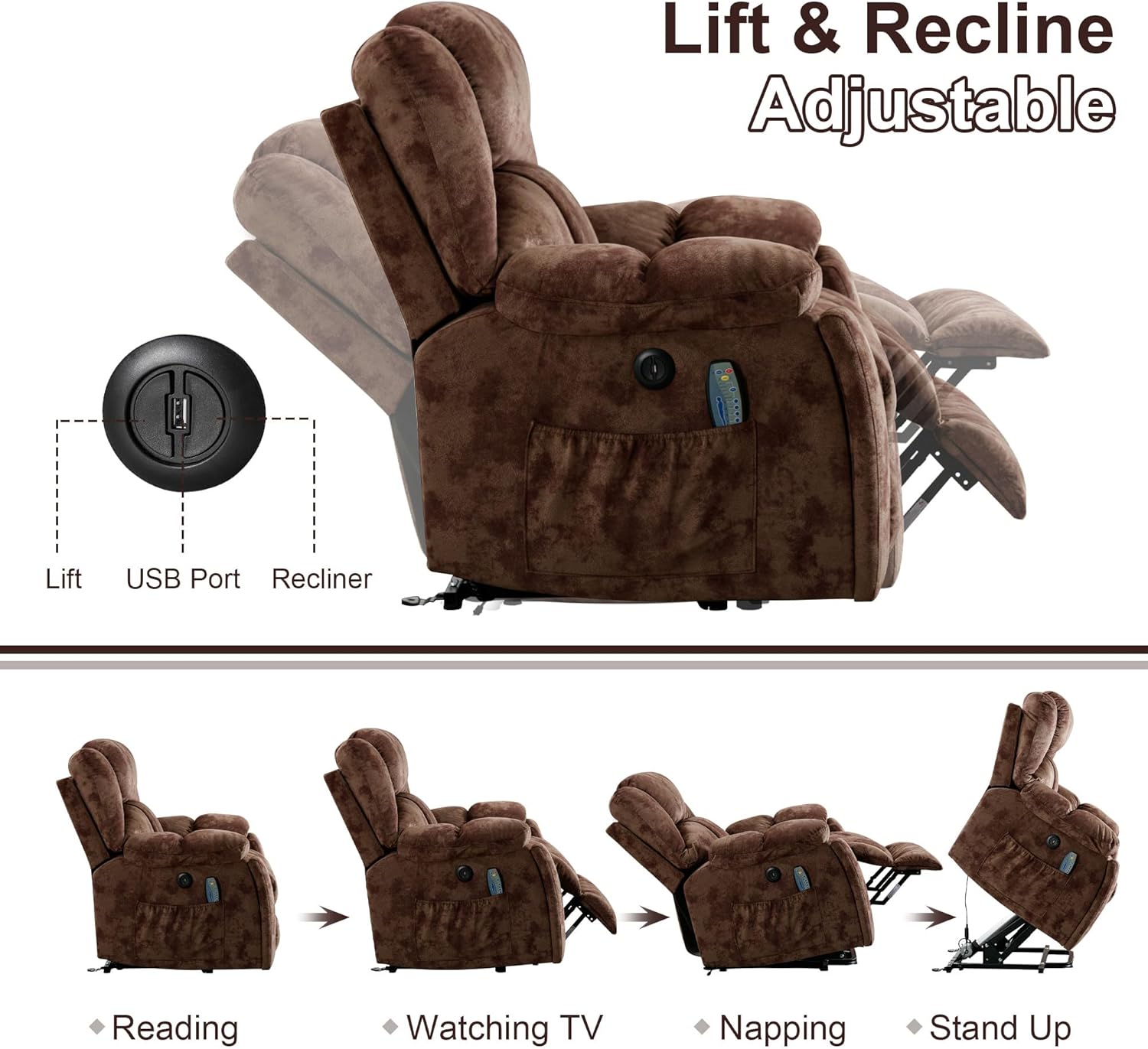 Bonzy Home Power Lift Recliner Chair with Massage and Heating, Lift Chairs Recliner for Elderly, Upholstered Comfy Power Lift Chair with 2 Hidden Cup Holders, Side Pockets, USB Port, Brown