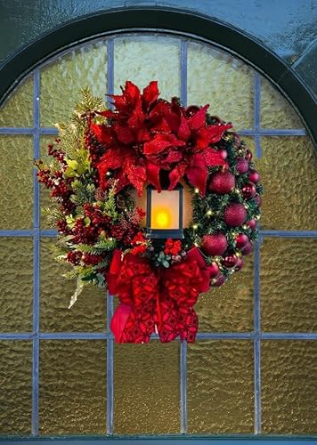 Miniatura 2 de Coronas de Navidad para decoración de puerta con lámpara LED de aceite y colgador, lazo rojo grande, adornos de bayas rojas, decoración de corona