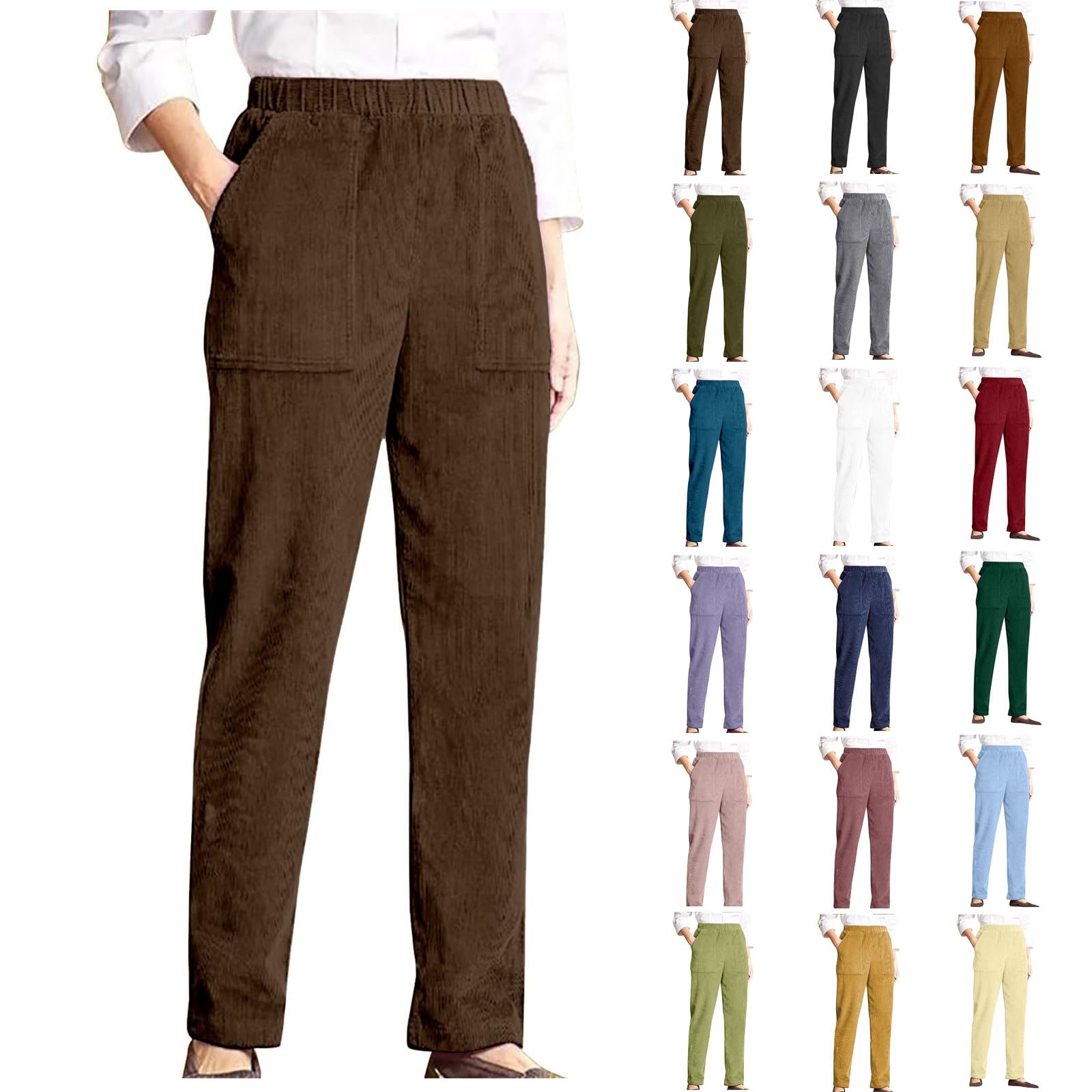 Corduroy Pants Women Casual High Waist Elastic Straight Leg Pants Plus Size Loose Comfy Vintage Trousers with Pockets