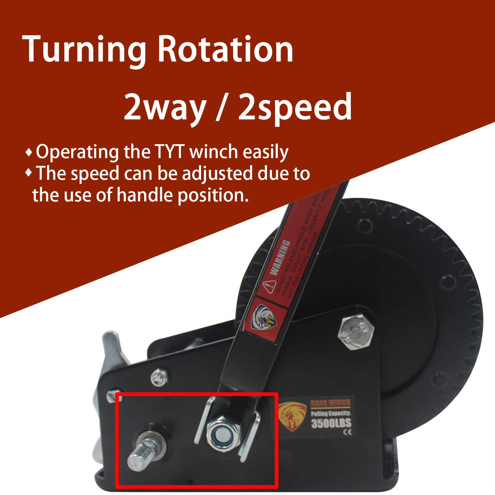 TYT 3500lbs Boat Trailer Hand Winch with 10m/32ft Black Strap, Hardened