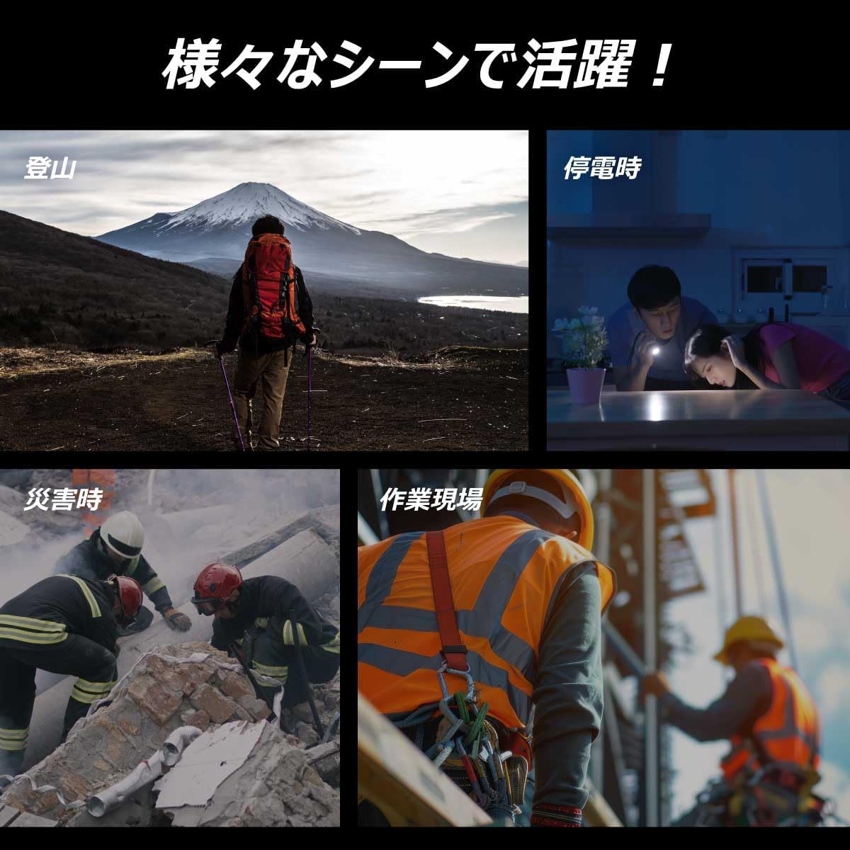 Four images depicting various uses for the headlight: mountain climbing, during a power outage, disaster relief, and industrial work.