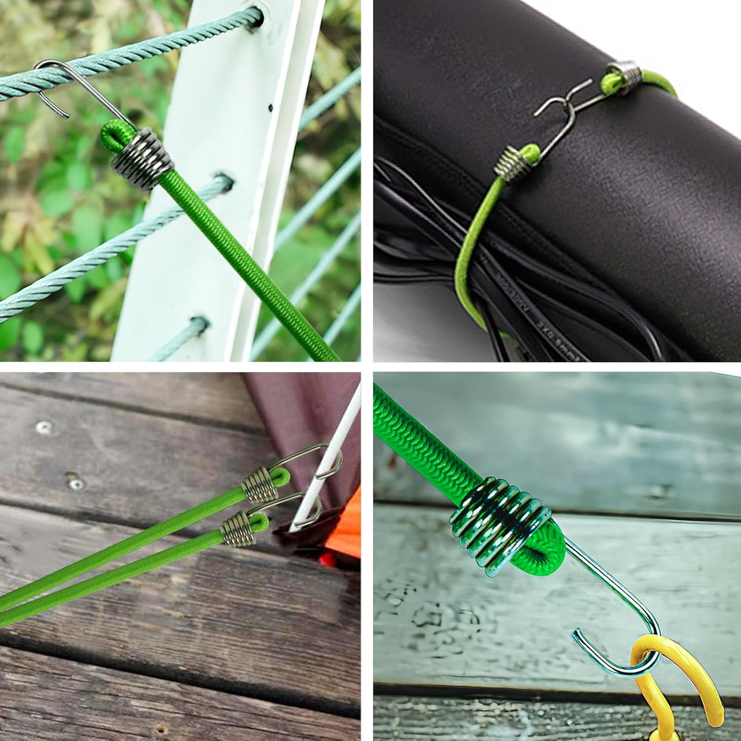 50 Pack Small Bungee Cords with Hooks, 10" Elastic Straps for Outdoor Camping, Tents, Tarps, Bikes, RV, Luggage Roof Racks, Cargo, Green