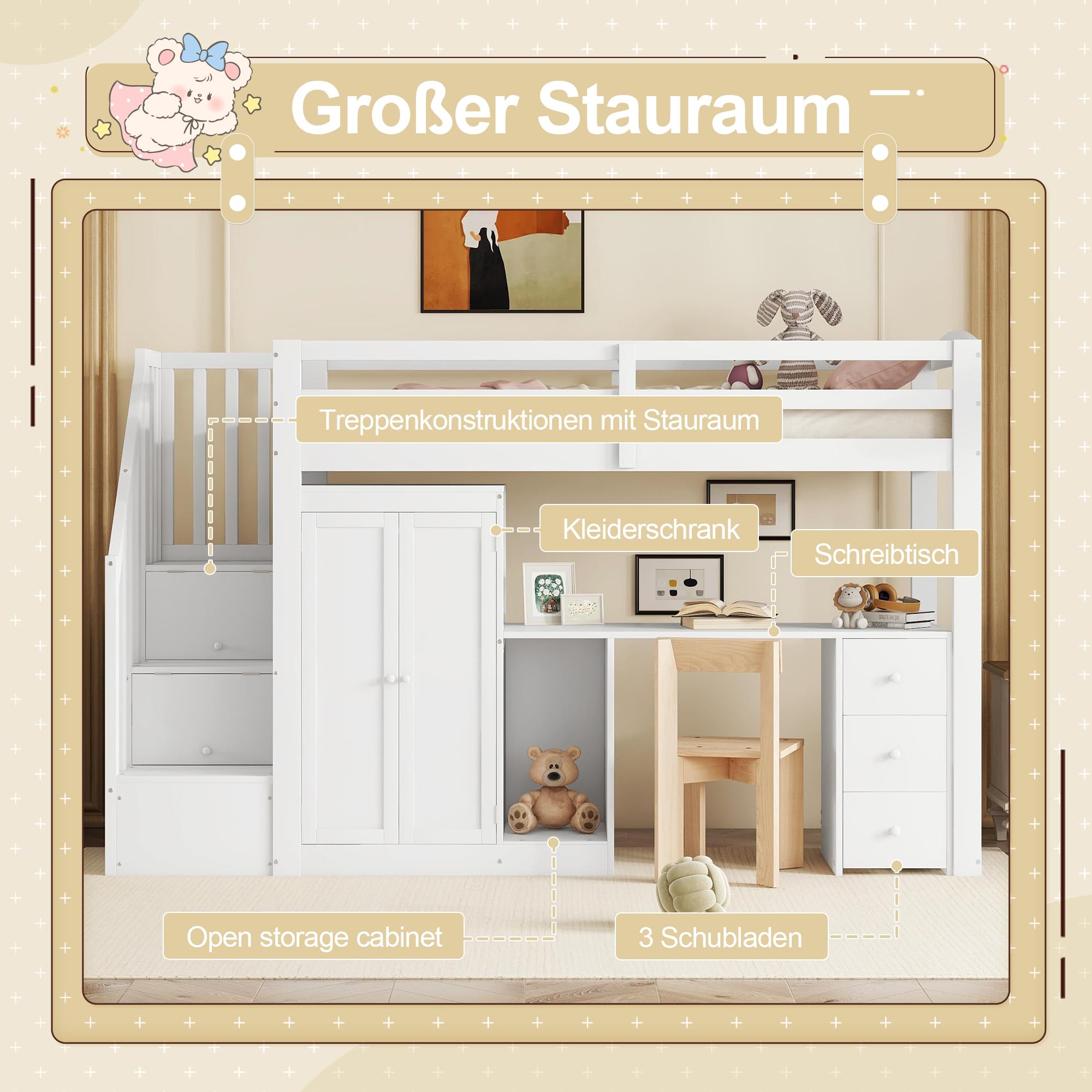 Gegtuon Kinderbett Bett 90x200 für Kinder mit Schreibtisch und Kleiderschrank, Hochbett Hausbett mit Stauraum Schubladen und Treppe, Bettgestell mit Lattenrost und Rausfallschutz, ohne Matratze, Weiß