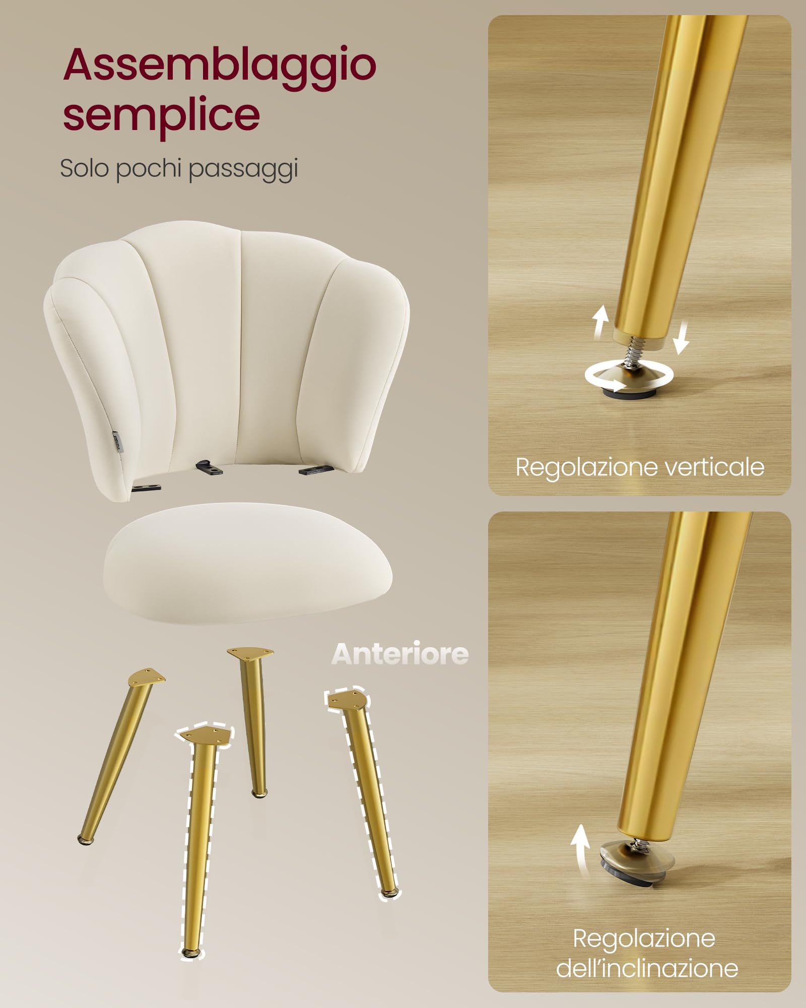 VASAGLE Sedia da Pranzo Cucina, Schienale a Forma di Petali, Sedia Trucco Imbottita, Velluto, Portata 150 kg, Gambe in Acciaio, per Soggiorno Camera da Letto, Bianco Crema KDC099W101