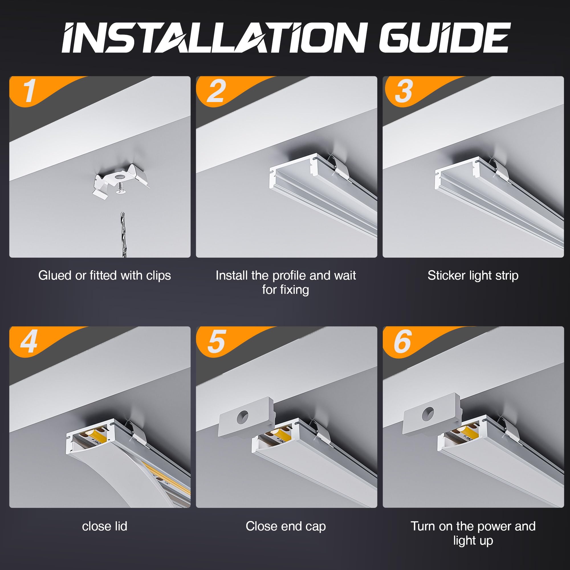 Perfil aluminio tira led 6 x 2m, perfil led de aluminio con perfil tira led y difusor LED, incluye 6 tapas difusoras blancas, 12 tapas de extremo y 24 clips para tiras LED，Para iluminación indirecta