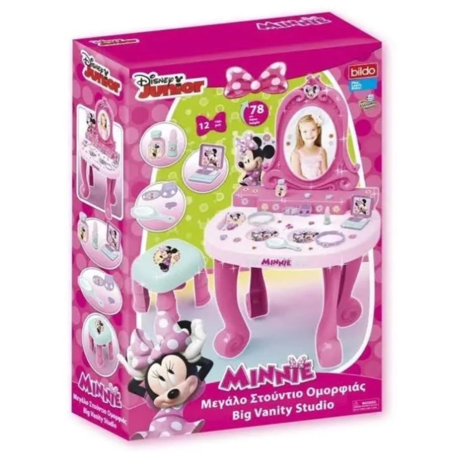 Specchiera Rosa con 10 Accessori, Asciugacapelli,Specchietto,Sgabello,Alta 78 cm., Idea Regalo,Giocattolo per Bambine 3+ (Minnie)