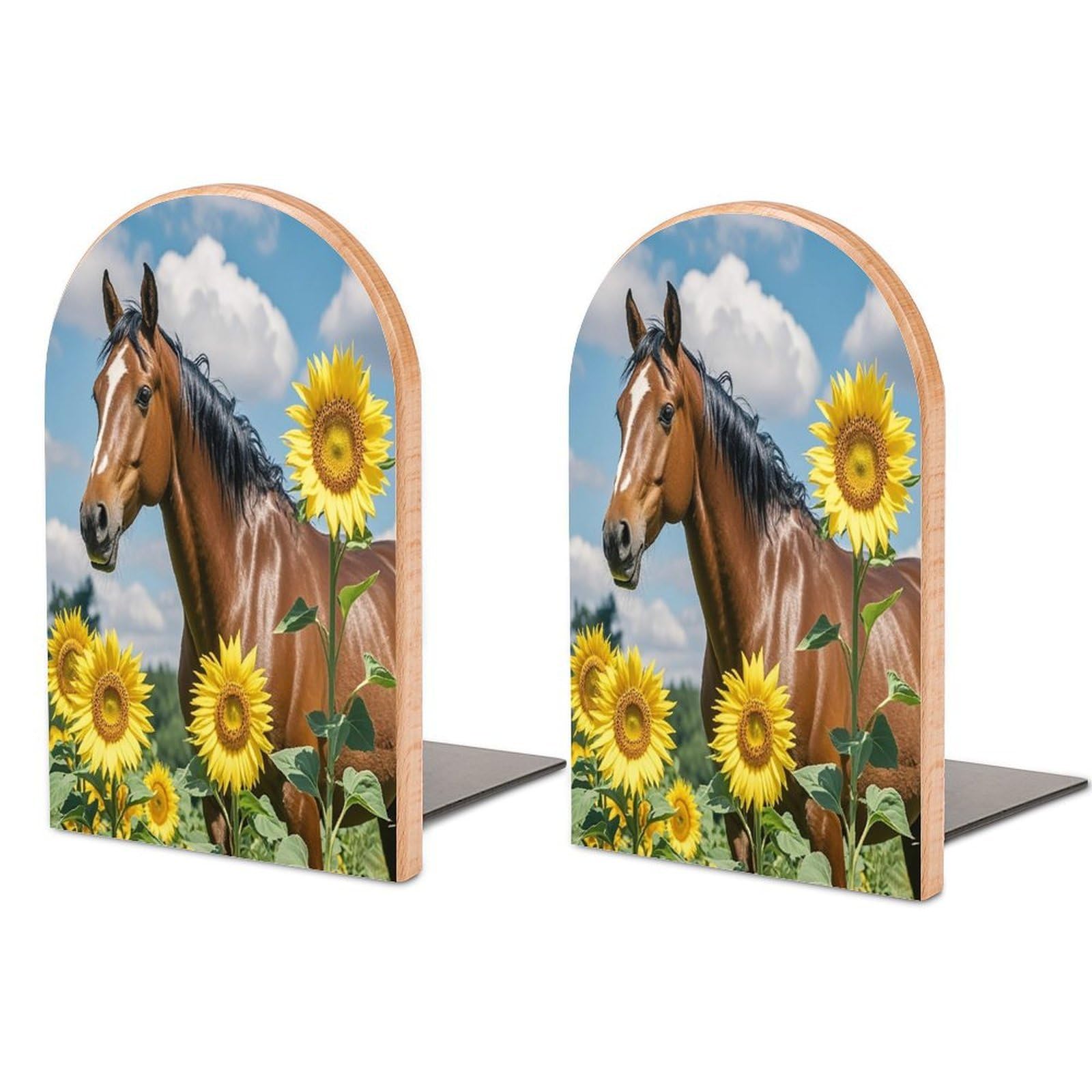 Horse and Sunflower Bookend for Shelves Wooden Book End Sturdy Book Holders Stoppers with Metal Base for Bookshelves Slick Decorative Bookends Stands