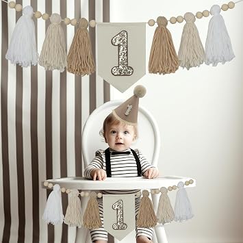 Boho 1st Birthday Highchair Banner Decorations Handmade-White,Beige,Beige Camel Colored Tassels with Khaki Cone Hat Wood Bead Garland for Boy and Girls Photoshoot Props Photo Backdrop First Birthday Party Decorations
