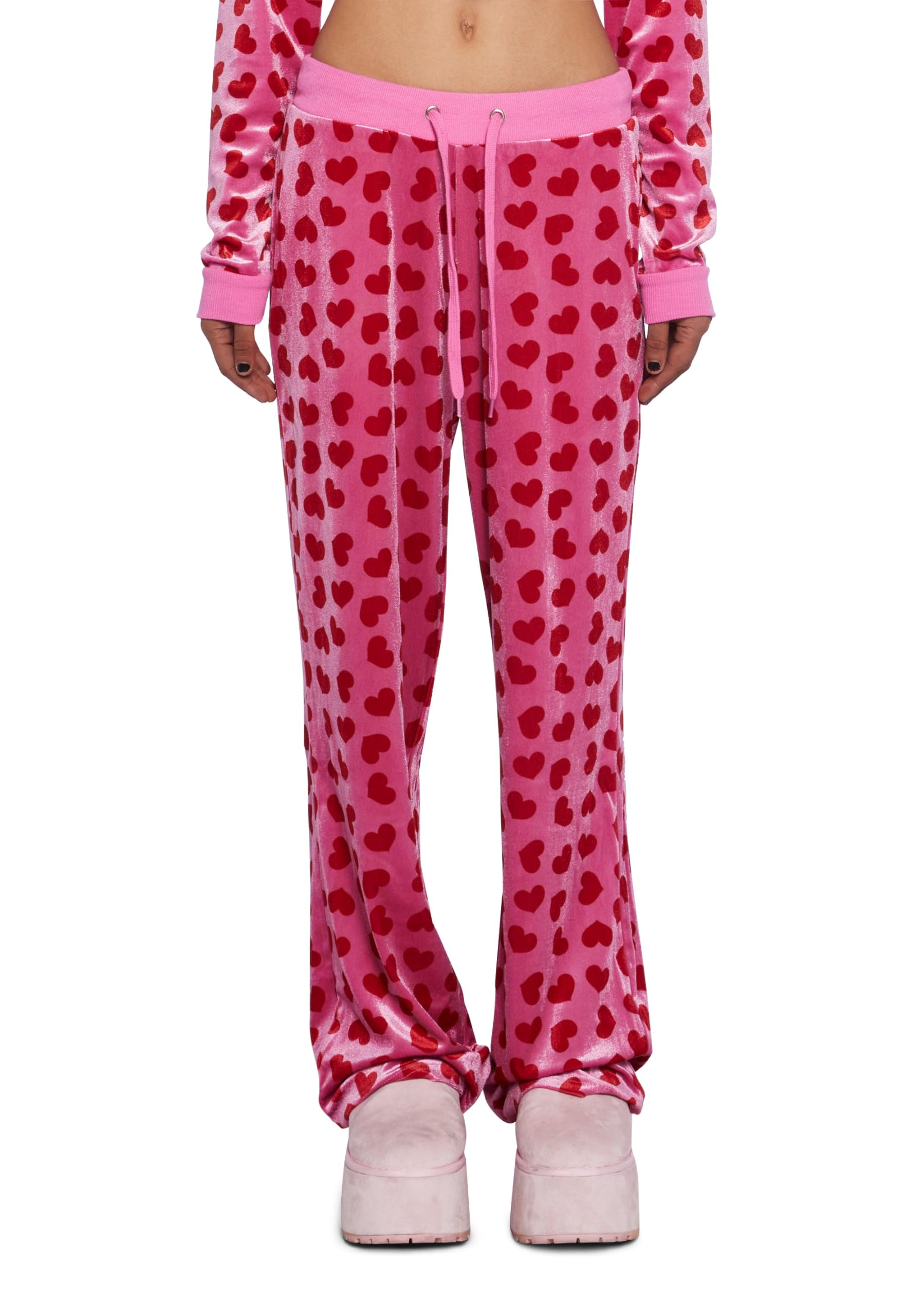 Dolls Kill Loyal Maneater Velour Track Pants by Sugar Thrillz – Heart Print Sweatpants with Flared Bottom & Drawstring Waist: X-Small Pink