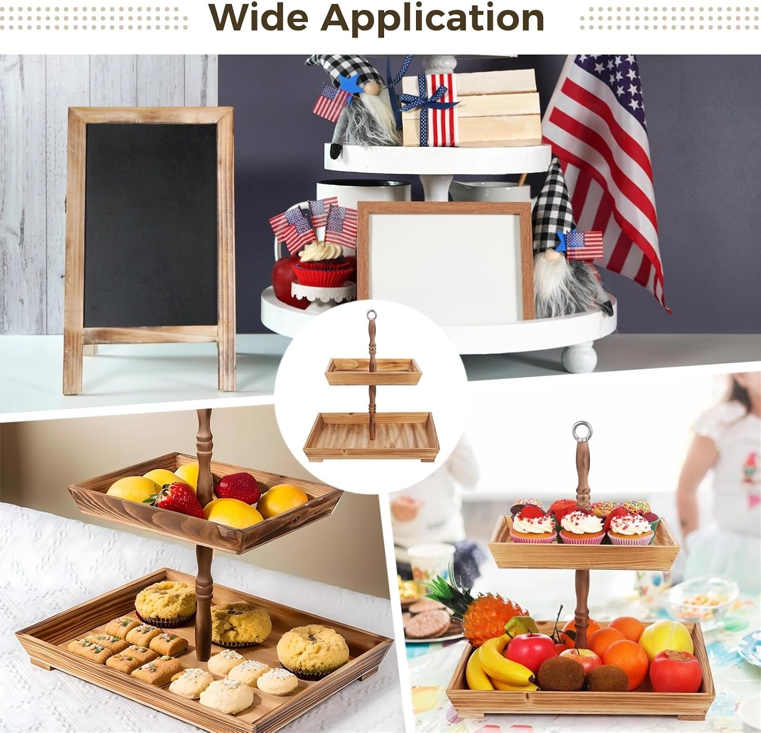 Rustic Square Tiered Serving Tray, Farmhouse Dessert Stand with Metal Handle, 2-Tier Wood Tray, Decorative Display Serving Plate for Cupcakes, Fruits, Crafts