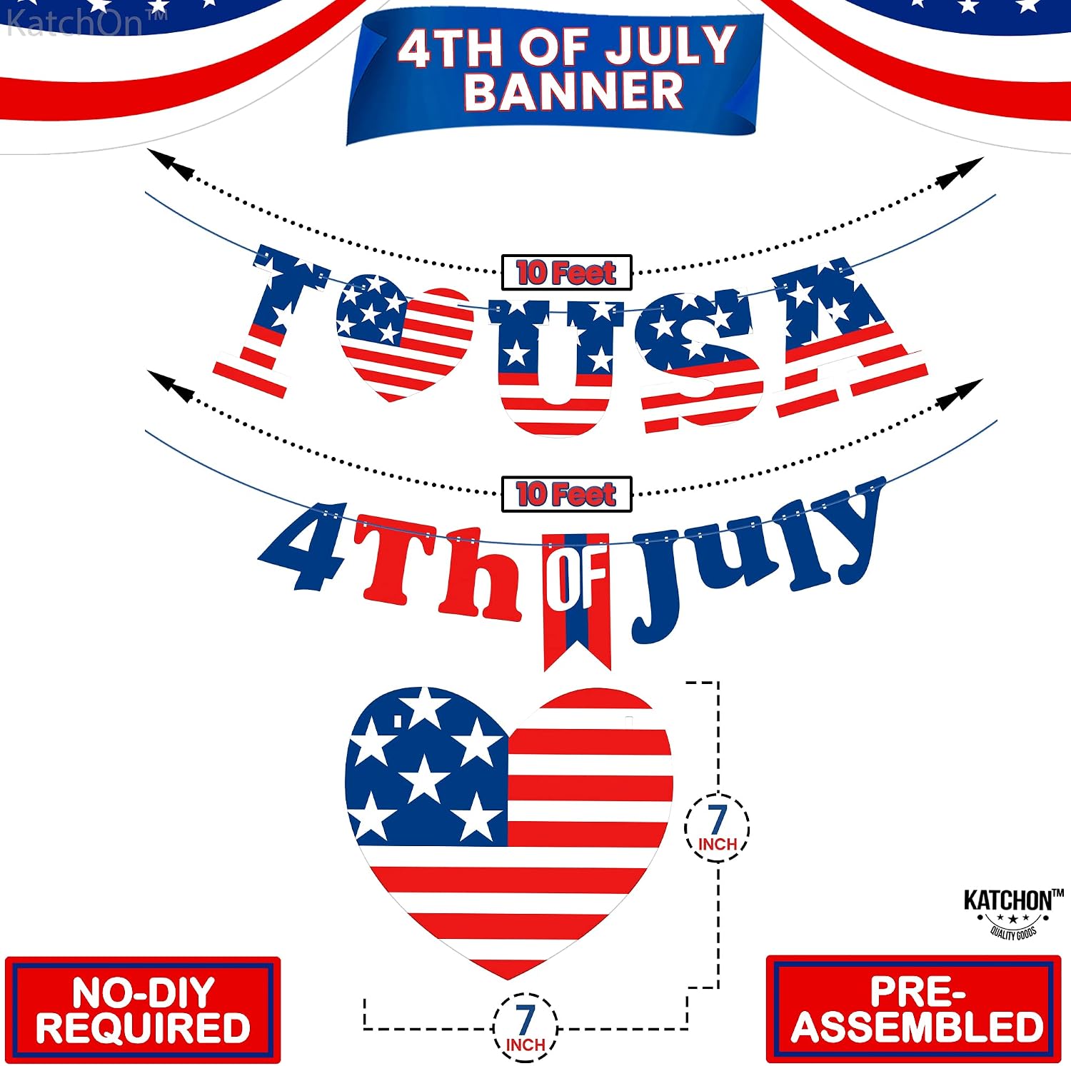KatchOn, Pre-Strung 4th of July Banner - 2 Strings, 10 Feet | Fourth of July Banner | I Love USA Banner for Fourth of July Decorations | 4th of july garland, Independence Day, 4th of July Decorations