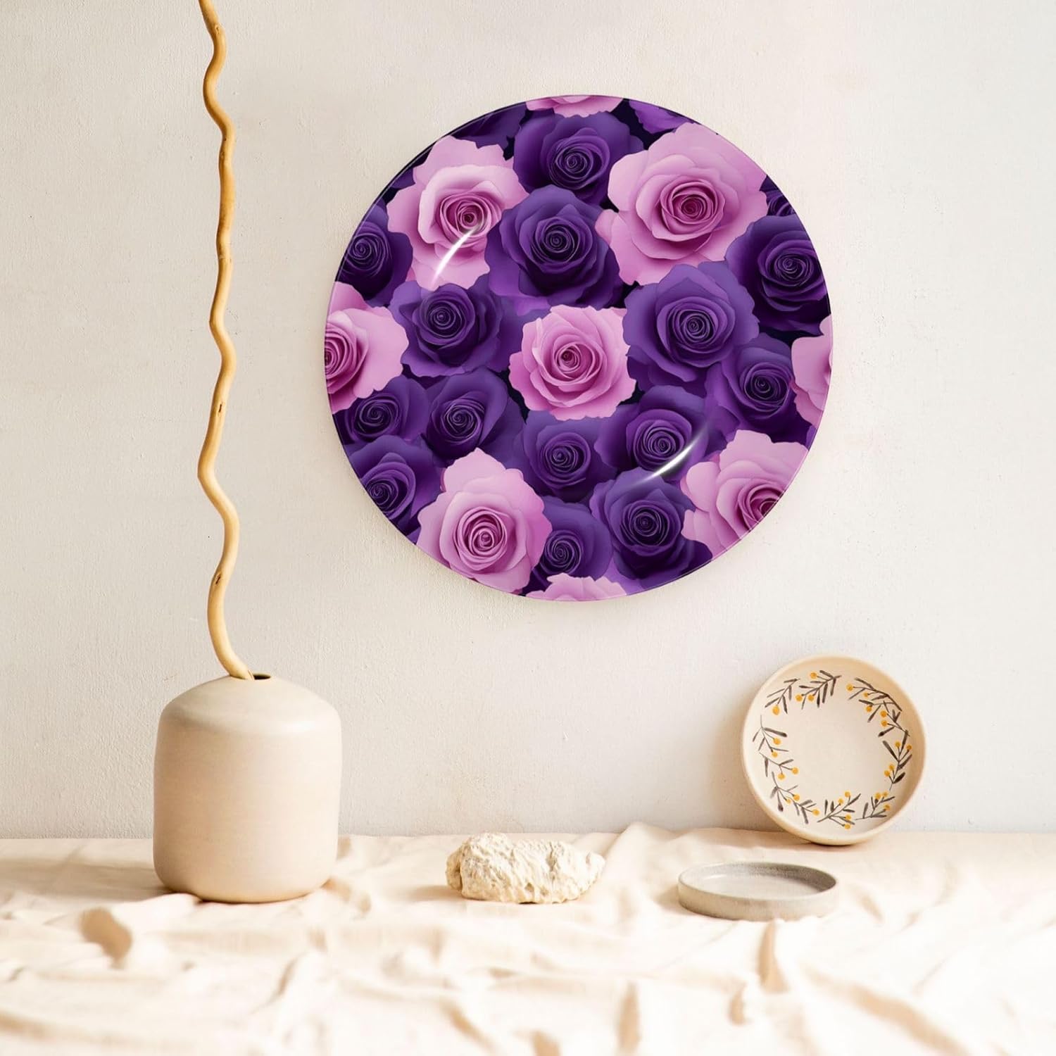 Purple Rose Flower Style Ceramic Plate Display Home Display With Stand Wall Hanging Plate For Home Decor 10 Inch