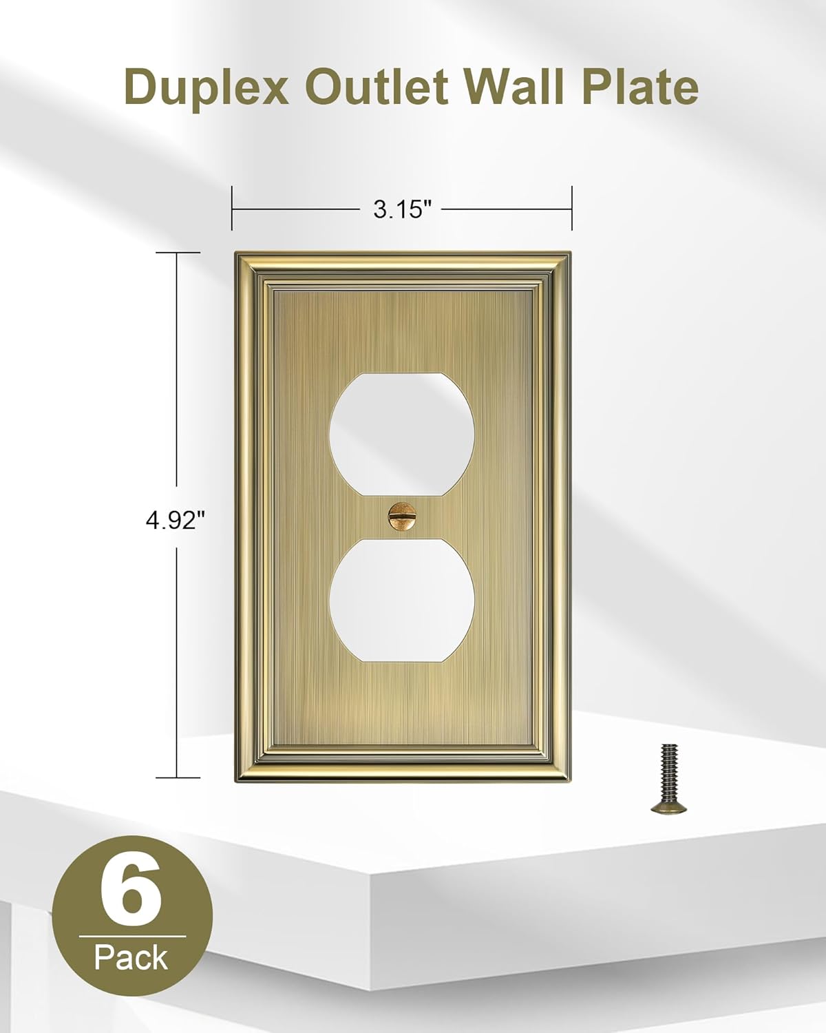 6-pack single duplex outlet cover plate, decorative antique brass switch plates and outlet covers, metal wall plates for electrical outlets, 1 gang receptacle cover, corrosion resistant 1 duplex 6pk antique brass