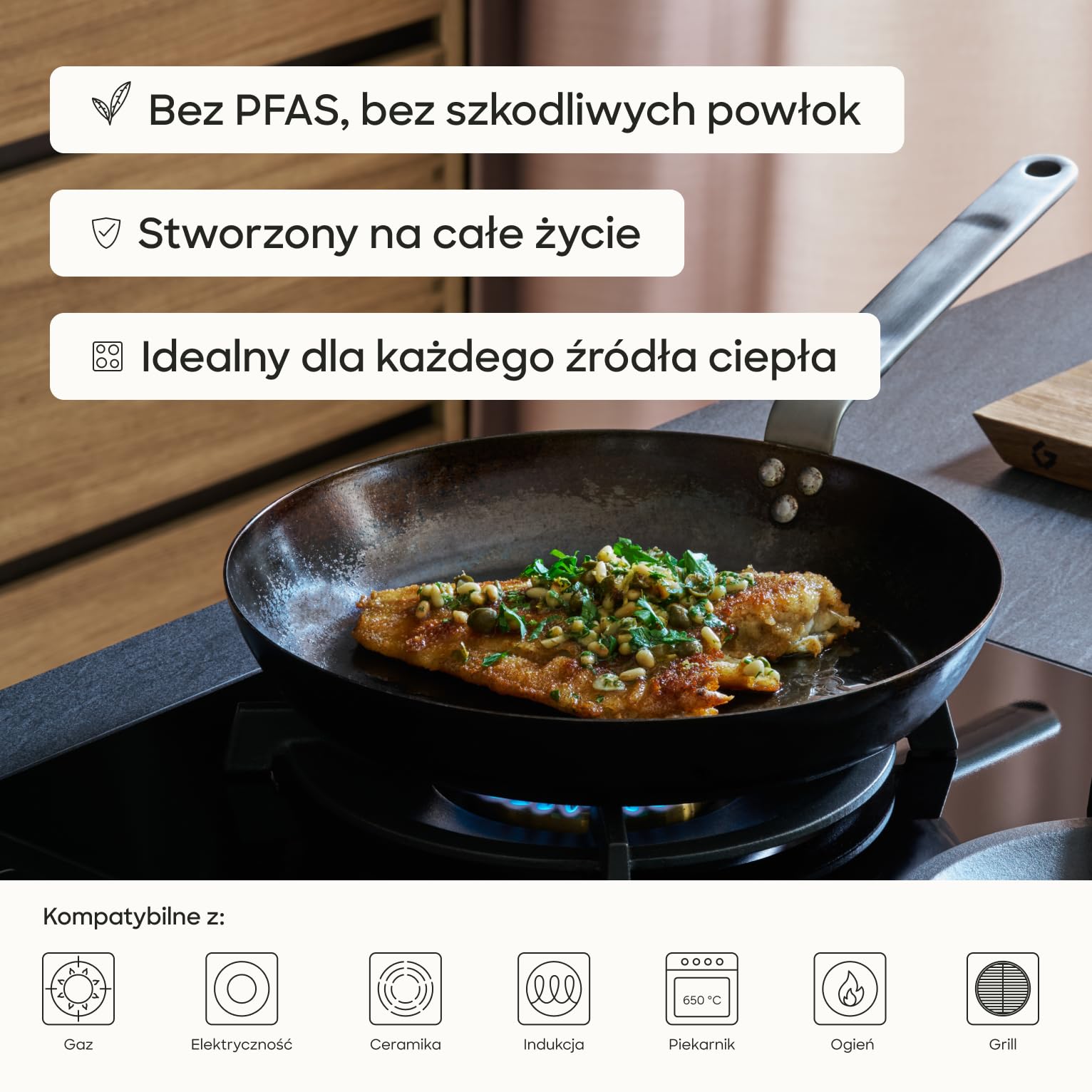 Gastrotools Patelnia ze stali węglowej 28 cm – naturalna powłoka | Bez PFAS • Do piekarnika do 650°C • Uchwyt CoolGrip • Do indukcji, gazu, ceramiki i ognia • Wyprodukowano we Włoszech