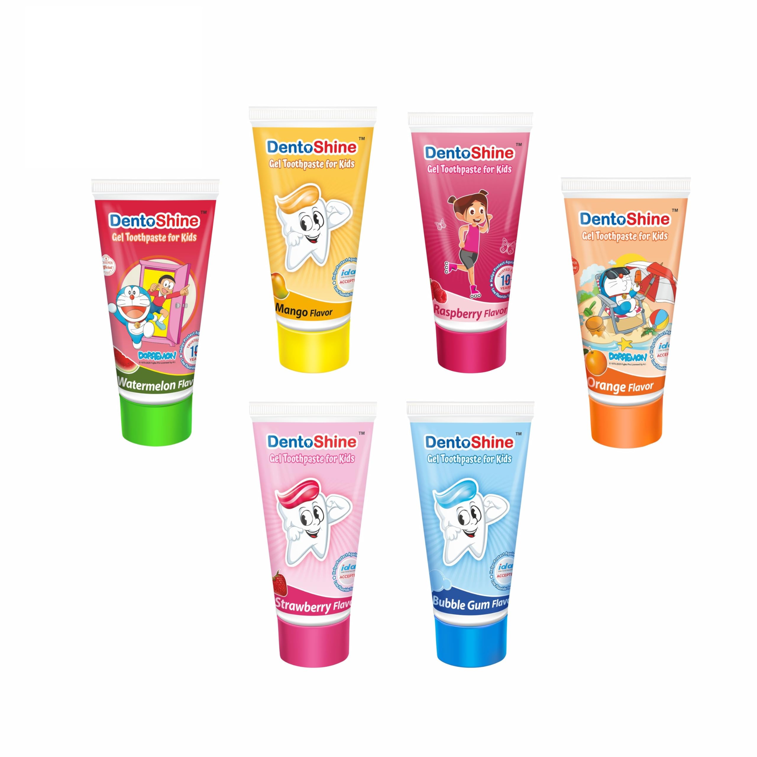 DentoShine Gel Toothpaste for Kids - Assorted Flavors (Pack of 6) (Bubble Gum, Mango, Orange, Raspberry, Strawberry, Wat