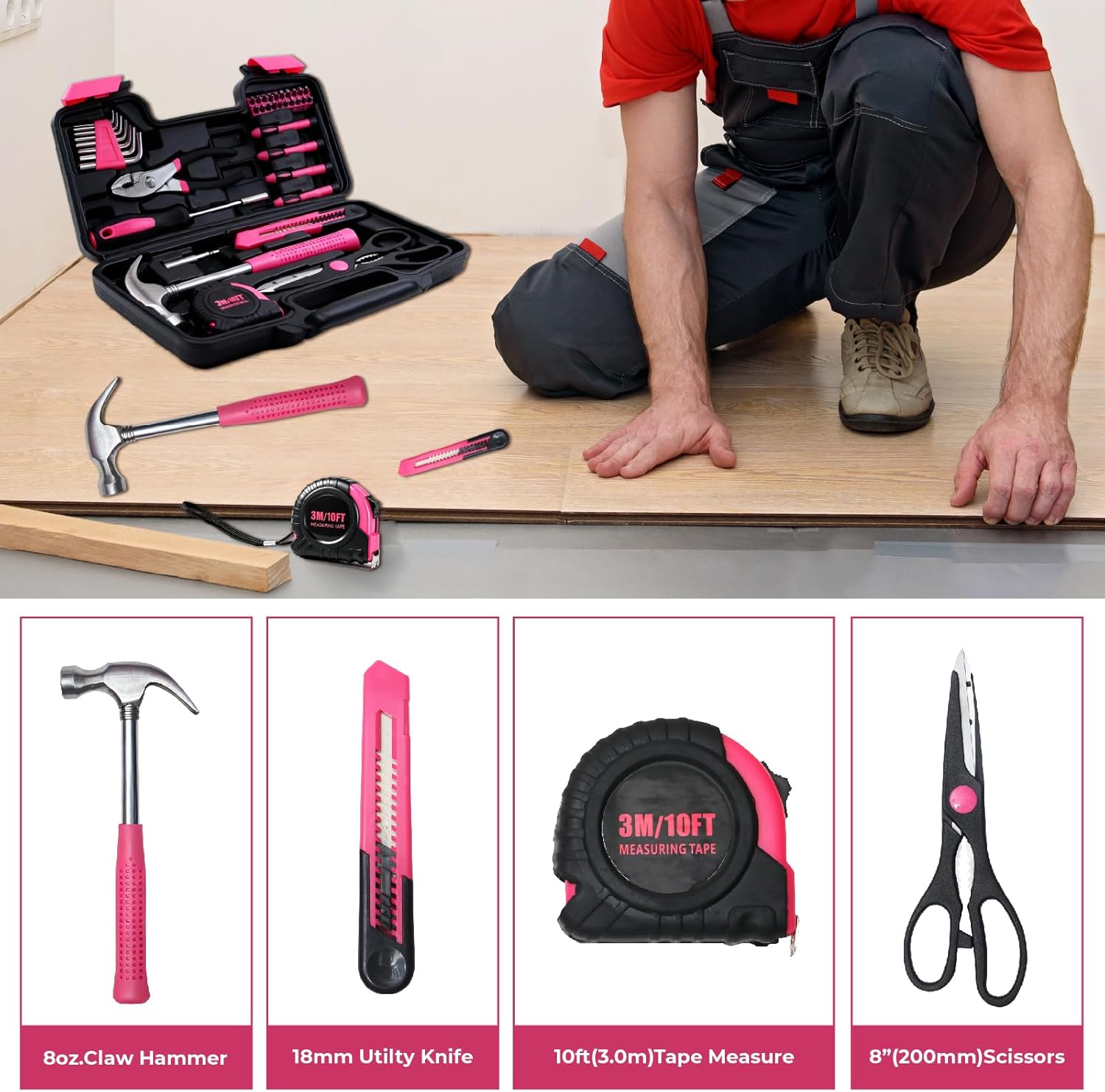 39 Piece Basic Tool kit for Women, All Purpose Pink Tool ser Household Hand Tools with Toolbox for Home Repairs, College Dorm Essentials, DIY Crafts & Gifts