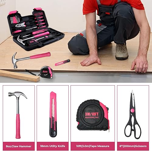 Miniatura 6 de Kit de herramientas básicas de 39 piezas para mujeres, herramientas rosadas multiusos para el hogar, herramientas manuales para el hogar con caja de
