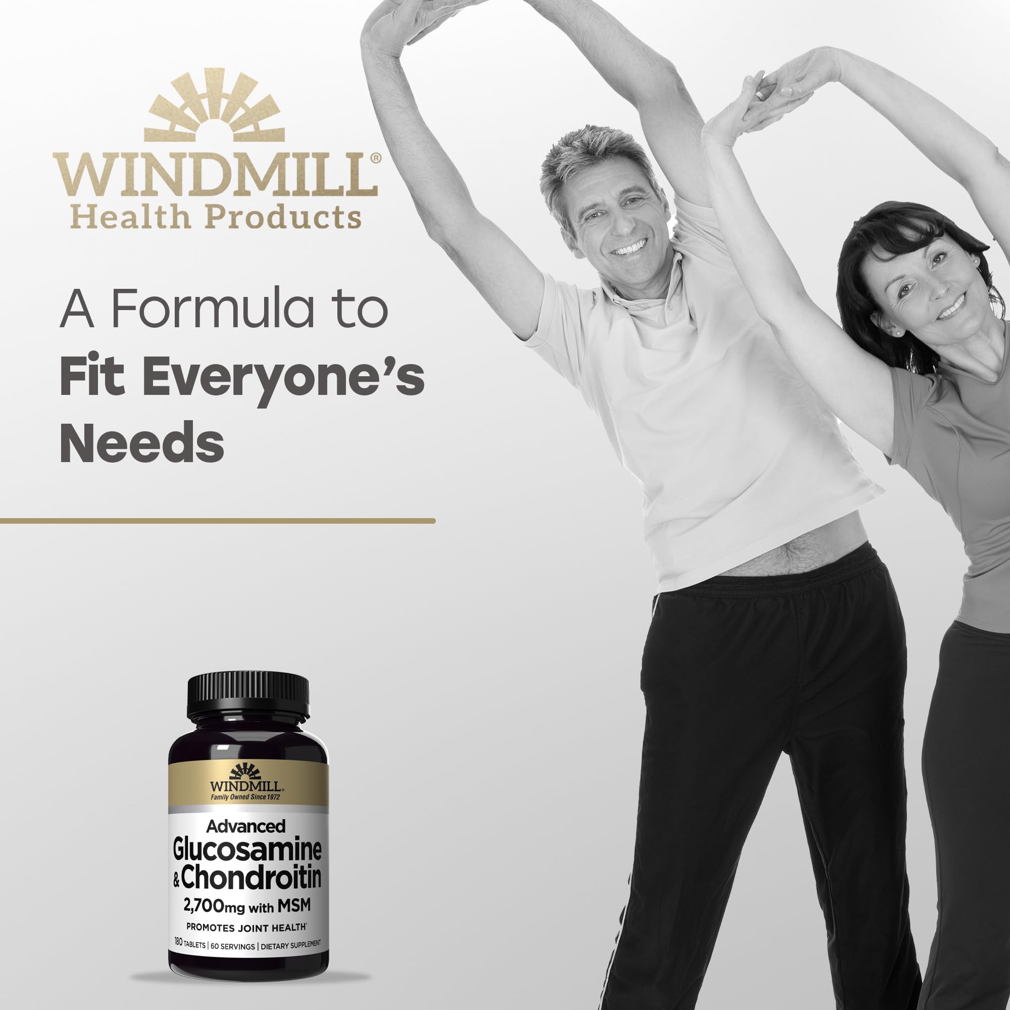 Windmill Natural Vitamins Advanced Glucosamine & Chondroitin, with 2,700mg of MSM, Supports Bone Health, Non-GMO, Gluten Free, 180 Tablets, 60 Servings — Amazon image 3