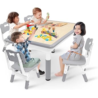 LZQ Kindertisch mit 4 St hlen Kindersitzgruppe H henverstellbar Kindertischgruppe Tisch Stuhl Set f r Kindergarten und Kinderzimmer Plastik Kinderm bel Sitzgruppe f r Jungen M dchen ab 2 Jahre