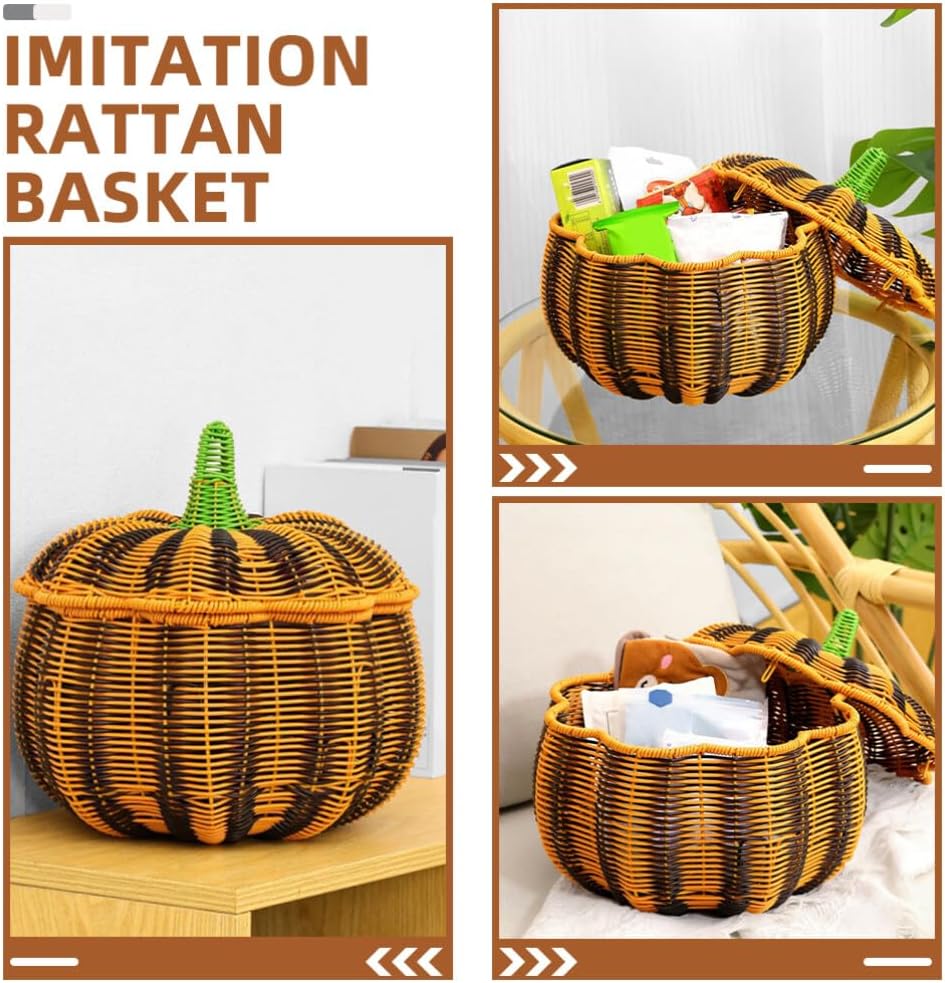 Pumpkin Shaped Wicker Storage Basket with Lid, Hand-Woven Rattan Organizer Bin for Snacks, Candy, Fruit, and Home Halloween Decoration