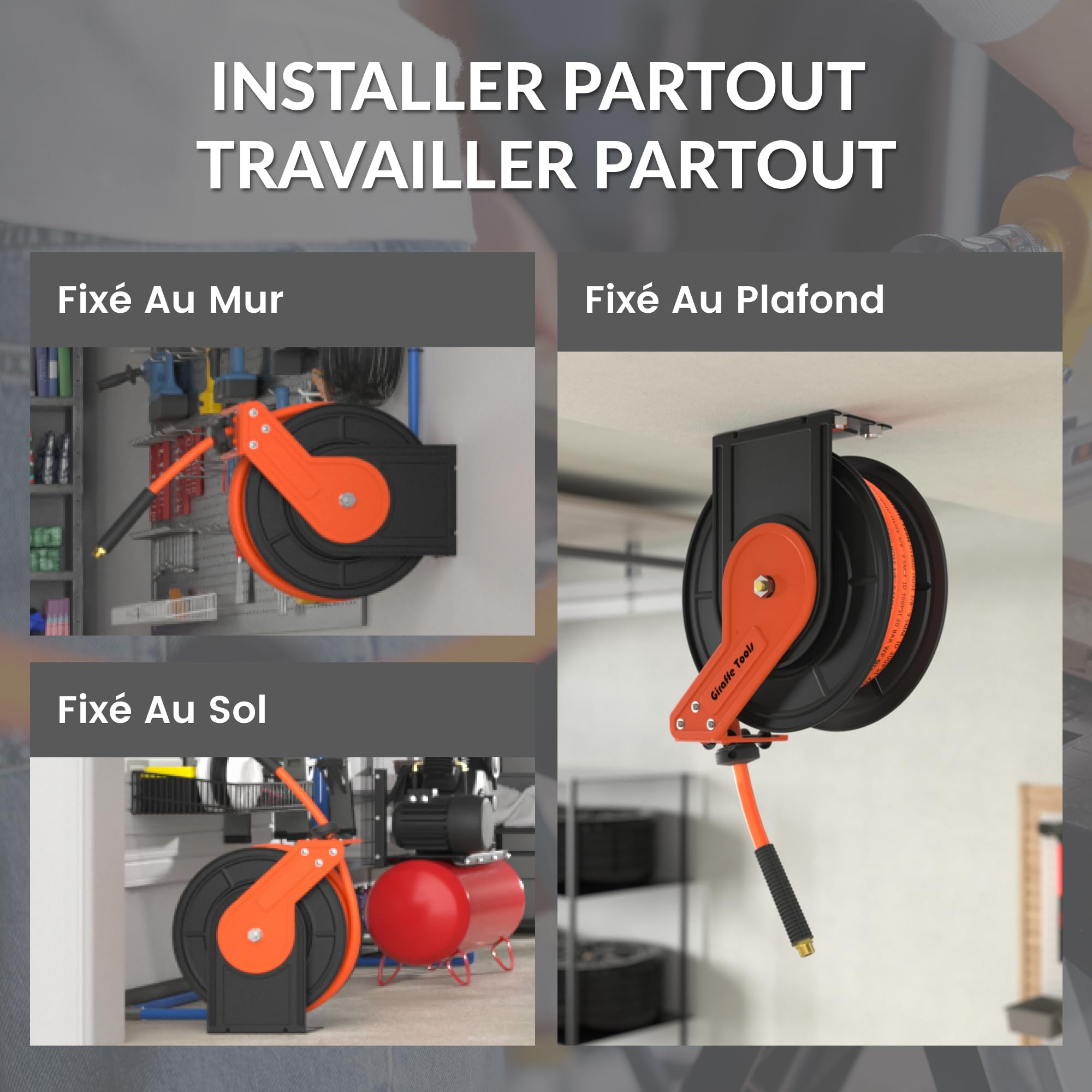 Giraffe Tools Enrouleur Tuyau Air Comprimé 15m+1m, Mural Enrouleur de Tuyau d'Air Comprimé avec tuyau air hybride 3/8", 20Bar/300PSI, Rétractation Automatique, Raccord en Laiton 1/4"