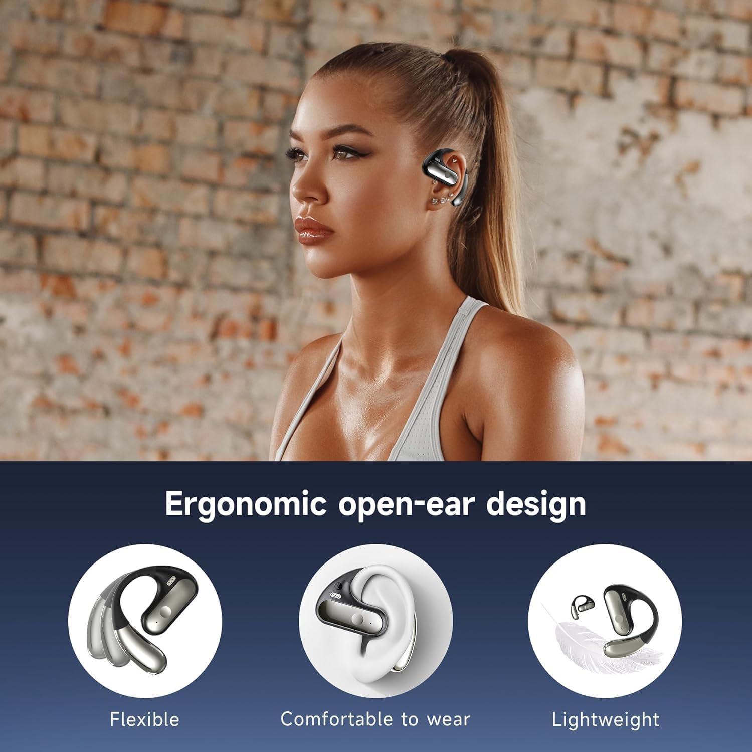 Open Ear Bluetooth 5.4 Earhook Headphones, 40Hrs Sport Earbuds, Stereo Deep Bass Sports Ear Buds Built in Mic, LED Display Charging Case, IPX7 Waterproof Earphones with Earhooks for Running, Black