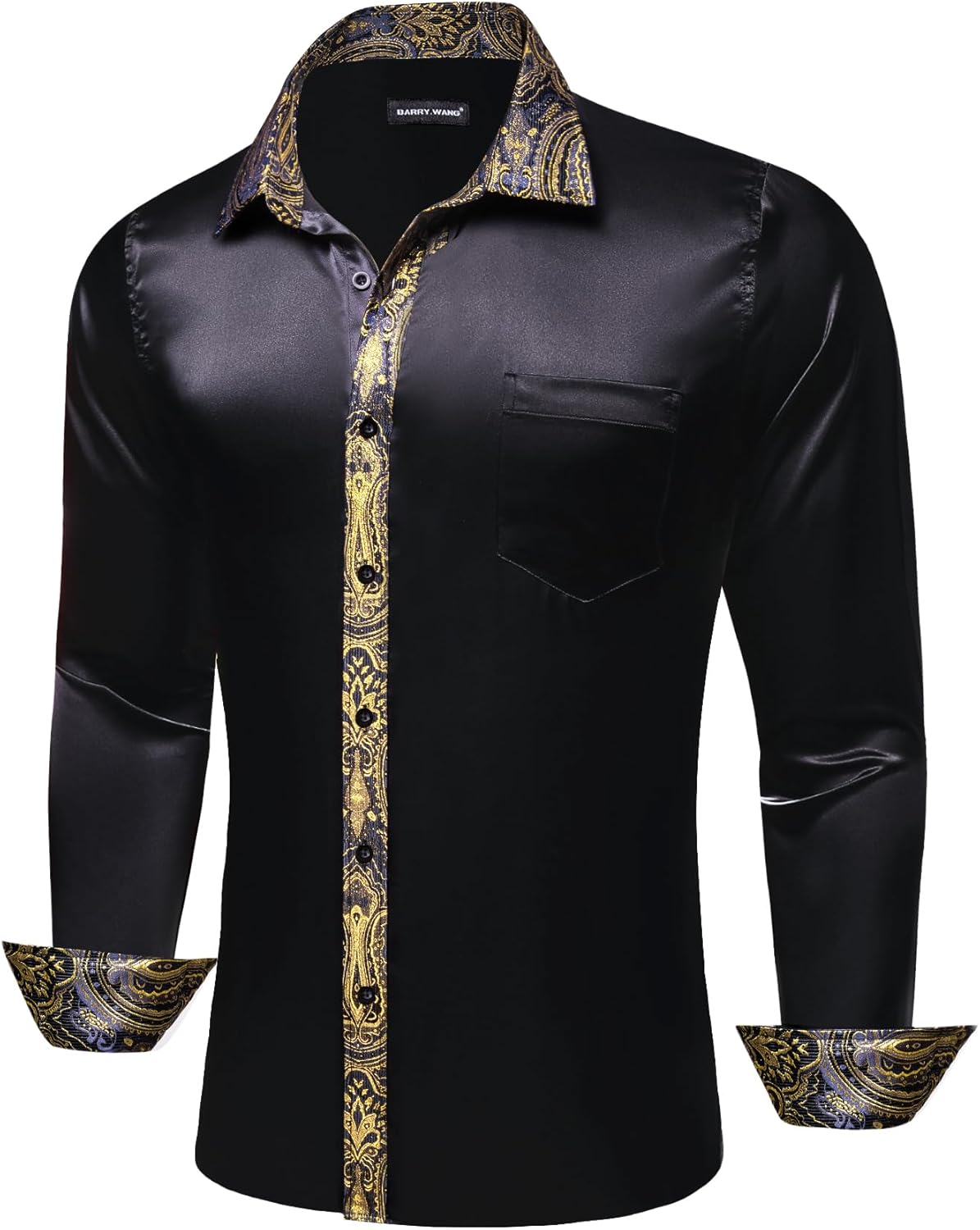 Barry.Wang Mens Satin Silk Shirts Long Sleeve Designer Dress Shirt Shiny Untucked Casual Button Down Shirt Party Disco Formal - Image 3