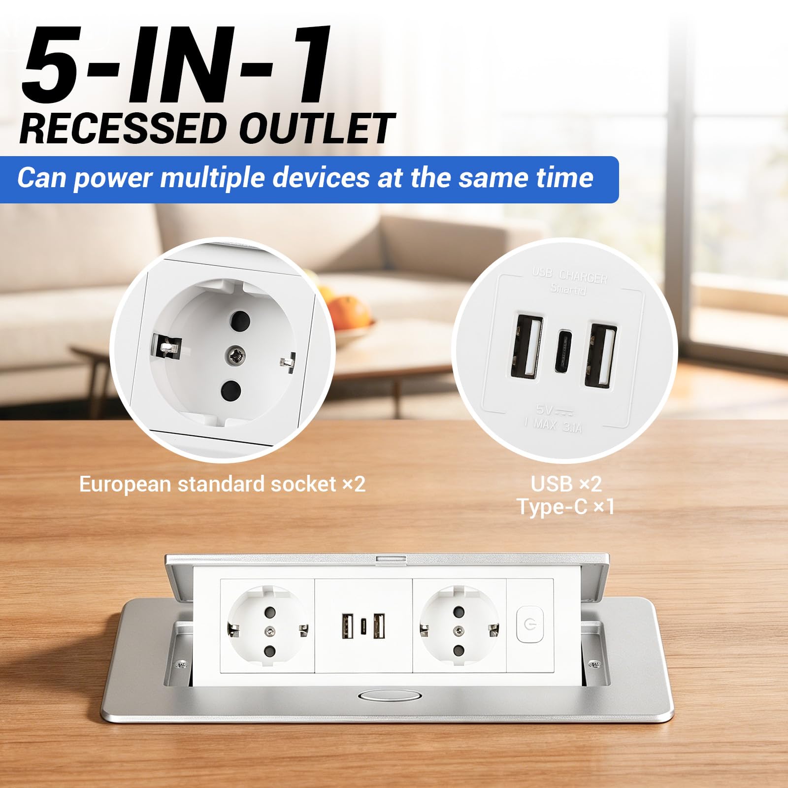CPROSP 15 W Versenkbare Einbausteckdose mit 2 Steckdosen 3 USB PD+QC3.0