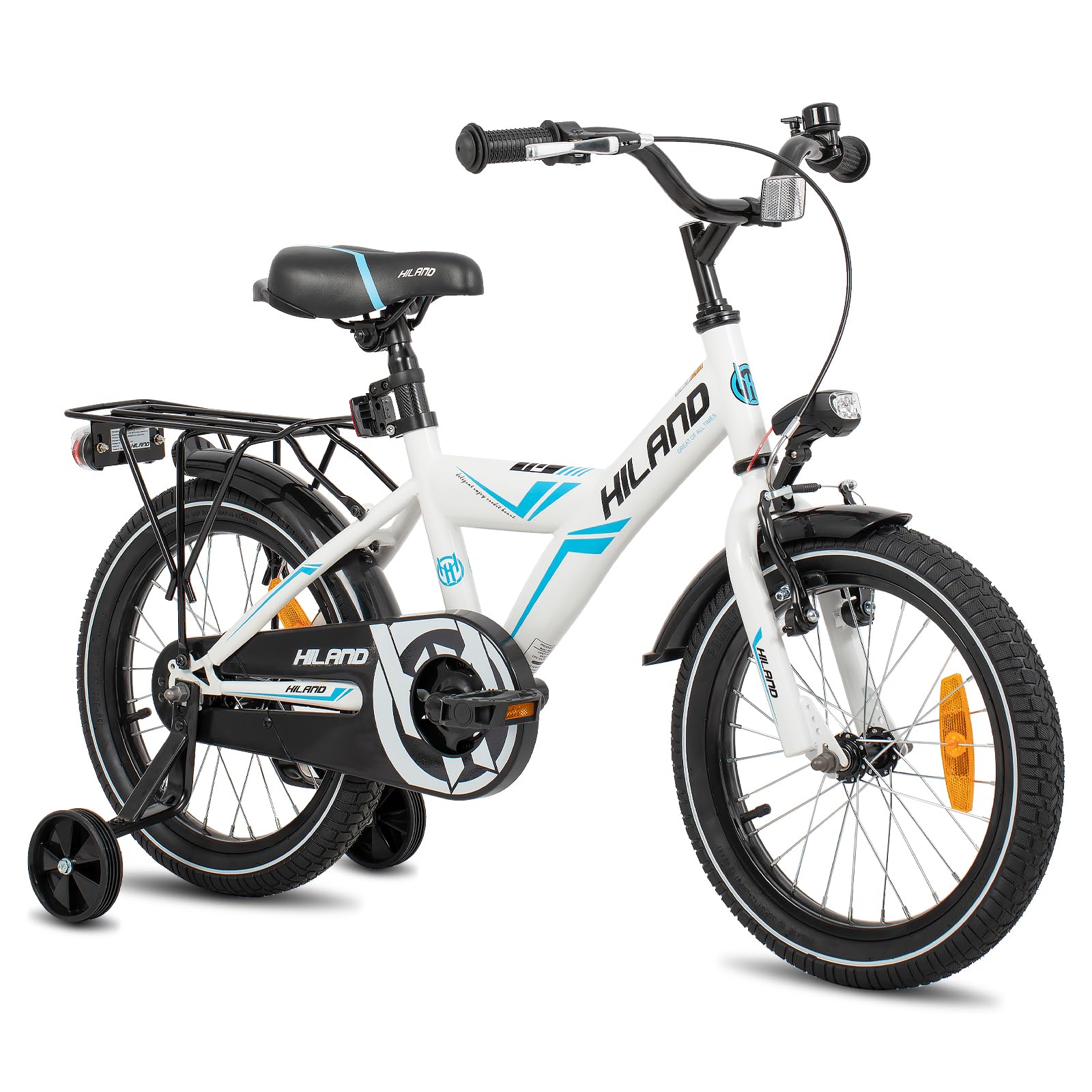 HILAND Bicicleta Infantil de 16/18 Pulgadas, StVZO, para niños a Partir de 4,5,6 años, con Asiento Trasero/portaequipajes, Ruedas estabilizadoras, Freno de Mano y Freno de contrapedal