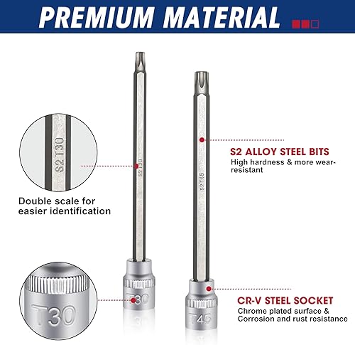 Miniatura 3 de RIZOM Juego de dados Torx extra largos de 15 piezas, 38 pulgadas, juego de llaves de vaso T10-T60, acero CR-V y S2