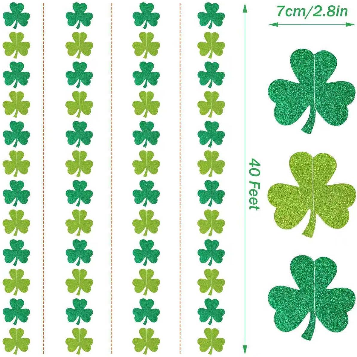 40Ft Glitter Shamrock Clover Garland St. Patrick's Day Decor Light Dark Green Hanging Streamer for Irish Lucky Spring Party Home Office Decor Supplies image 2