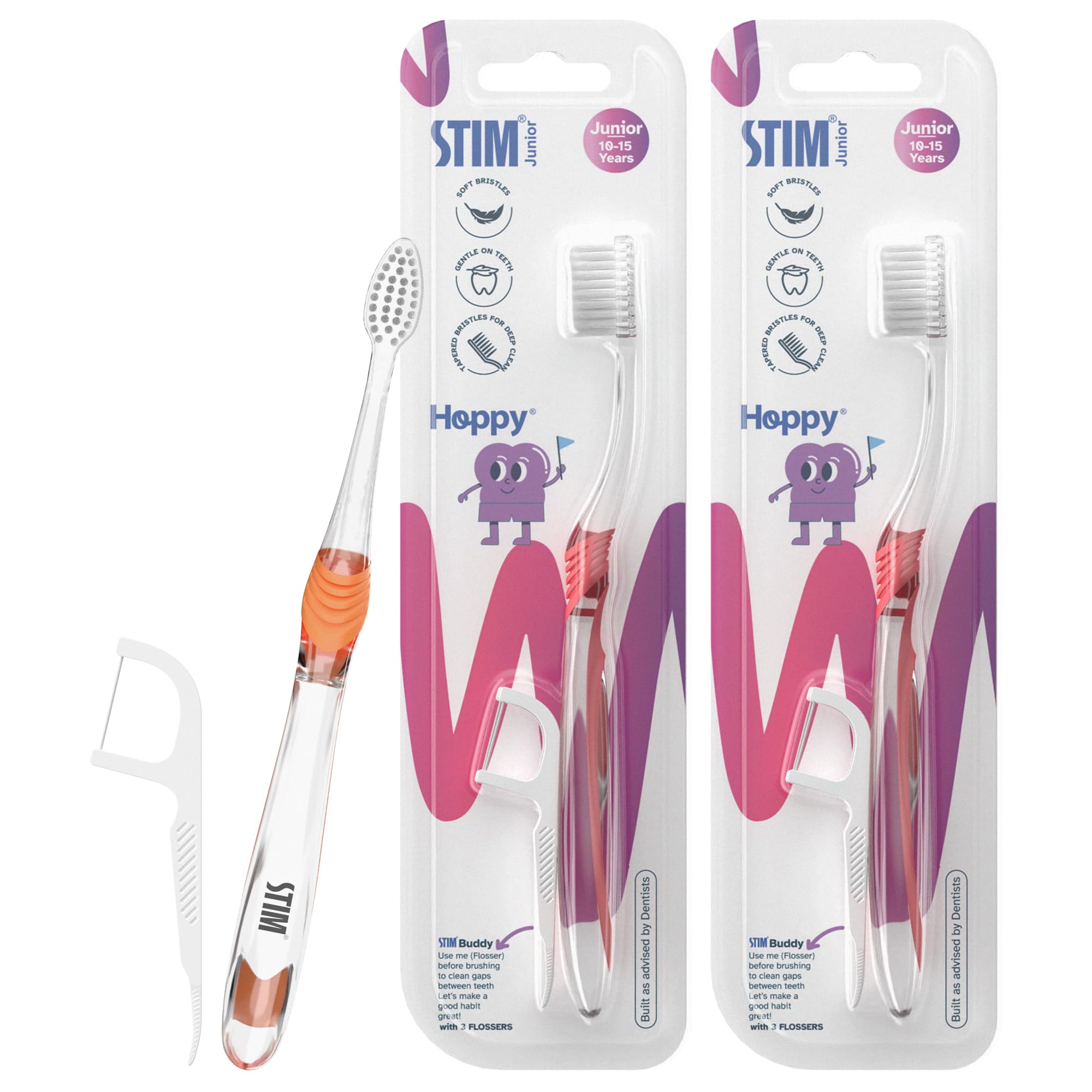 STIM Junior Kids Toothbrush | 10 to 15 Years | Soft Tapered Bristles for Deep Cleaning | Ergonomic Handle with Thumb Grip & Tongue Scraper | Dentist Recommended Toothbrush for Pre-Teens | 2 Brushes