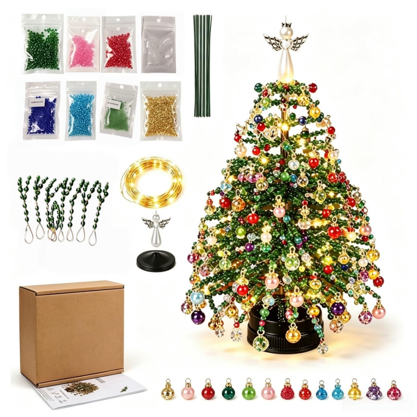 DIY Christmas Beaded Tree Kit with LED Lights Mini Tabletop Tree Craft Set