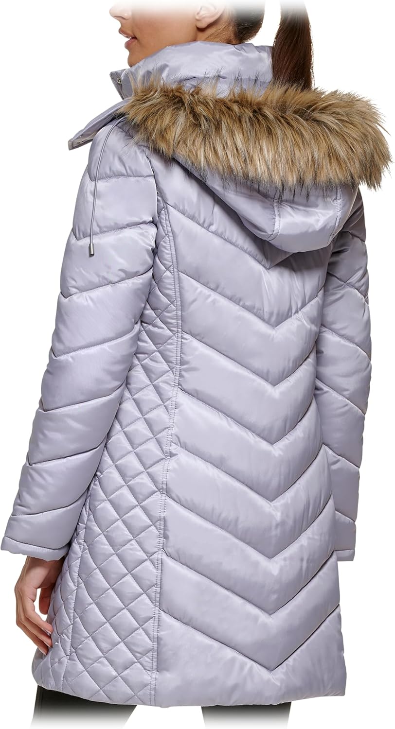 Kenneth Cole Women's 17QMP124 Quilted Chevron Puffer Jacket - Light Grey - M