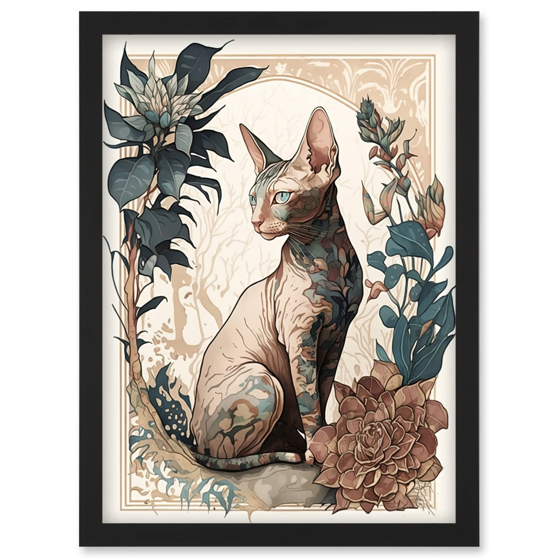Artery8 Sphynx Cat With Flower Blooms Modern Art Nouveau Portrait Illustration Wall Art PrintA4 Size from B&Q
