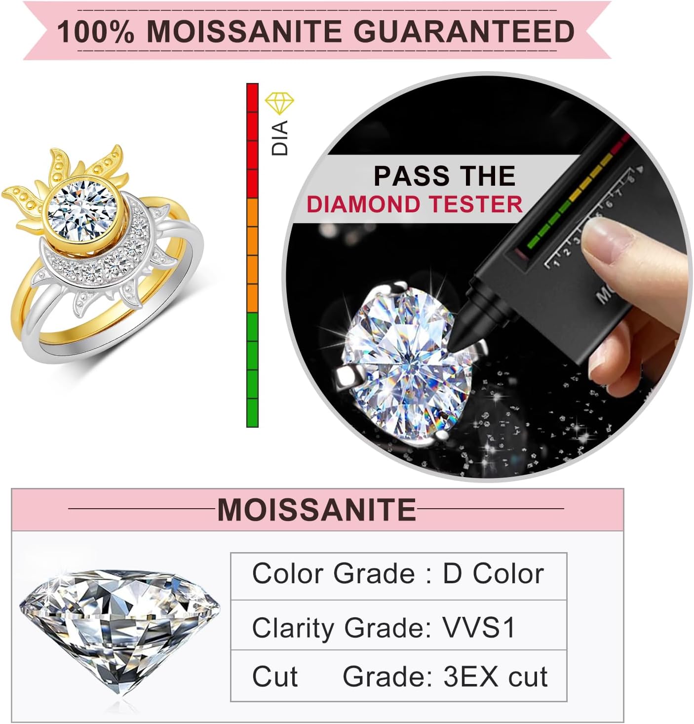 Moon Sun Ring Set for Mom Grandma Wife, 925 Sterling Silver Unique Art Deco Matching Bands 2 Pieces Ring Set With Moissanites for Women Jewelry Gift for Anniversary Birthday Christmas