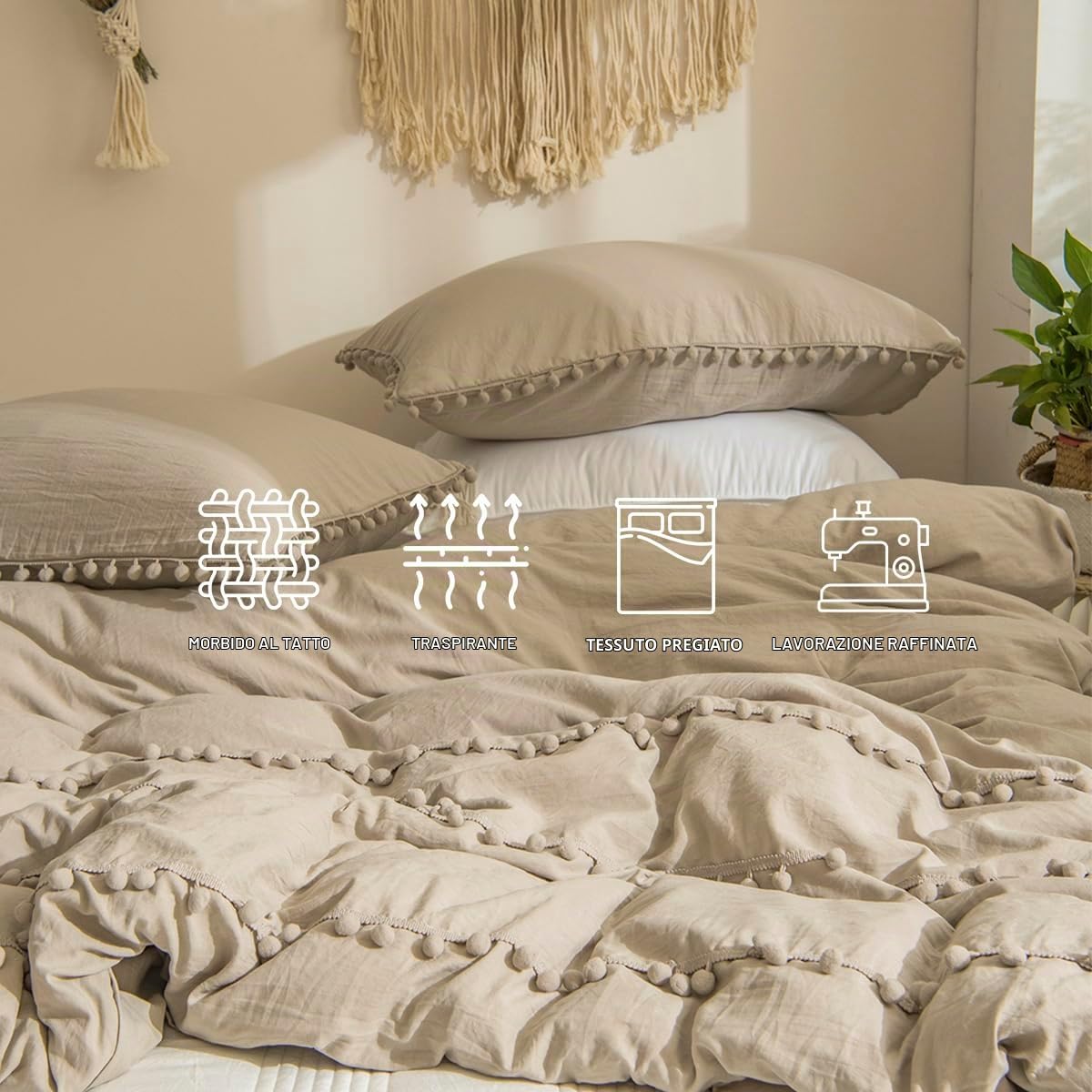 Set Copripiumino Matrimoniale Taupe Bohémien Parure Copripiumino 220x230cm Boho Pompon Boemia Sacco Copripiumino con Frange in Microfibra con Federe 50x75cm, Marrone