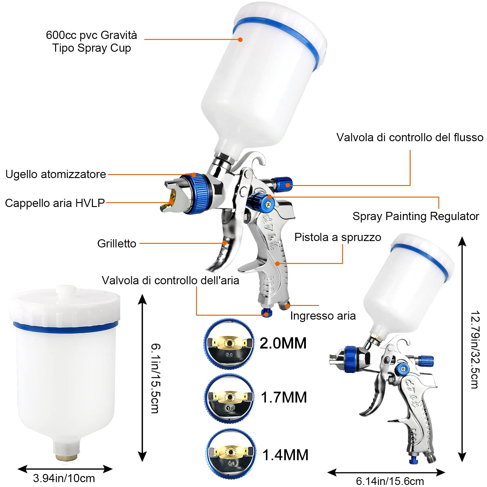 HVLP Professionnel Pistolet à Peinture Alimentation par Gravité 3 Buses 1,4mm 1,7mm 2,0mm Coupelle 600cc par gravité HVLP Meubles de Voiture Petit Pistolet de réparation